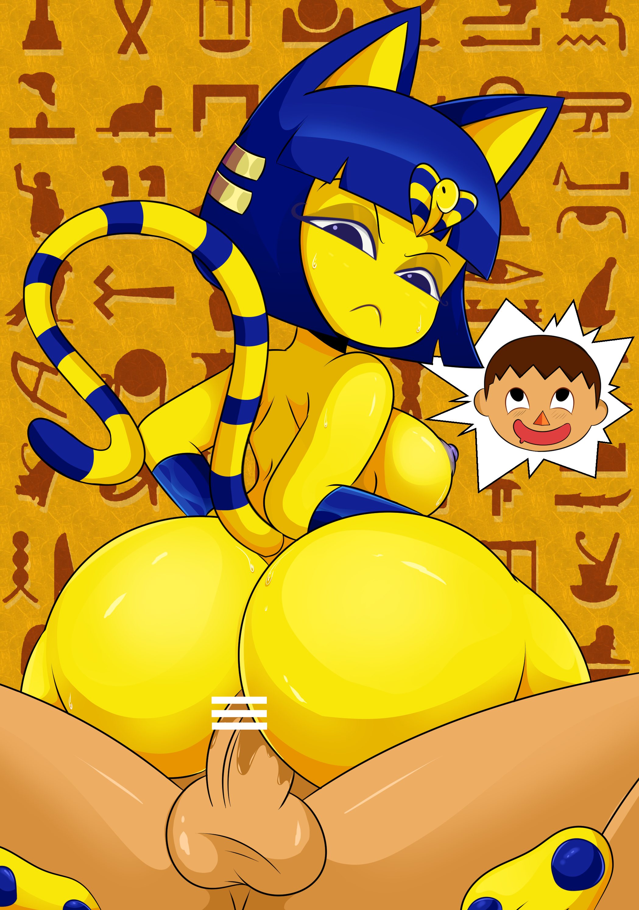 1boy, 1girls, animal crossing, ankha, ankha ride (minus8), areola, areolae, armwear, ass, back, balls, bangs, bar censor, bare shoulders, barefoot, big ass, big breasts, big penis, blue areola, blue eyes, blue hair, blue nipples, bracelets, breasts, cat ears, cat girl, cat tail, catgirl, censored, completely naked, cowgirl position, detailed background, digital media (artwork), egyptian, excited, feet, female, female on top, female penetrated, frown, genital fluids, genitals, hair, hair ornament, half-closed eyes, hands on hips, happy, hi res, hieroglyphics, highres, human, interspecies, kneeling, large ass, large breasts, legs spread, long tail, looking at penis, looking back, male, male penetrating, male penetrating female, monster girl, naked, naked female, nintendo, nipples, nude, nude female, nude male, on top, paws, penis, pussy, pussy juice, short hair, sideboob, sonson-sensei, spread legs, striped tail, sweat, tail, vaginal penetration, vaginal sex, veiny penis, villager (animal crossing), yellow body, yellow skin