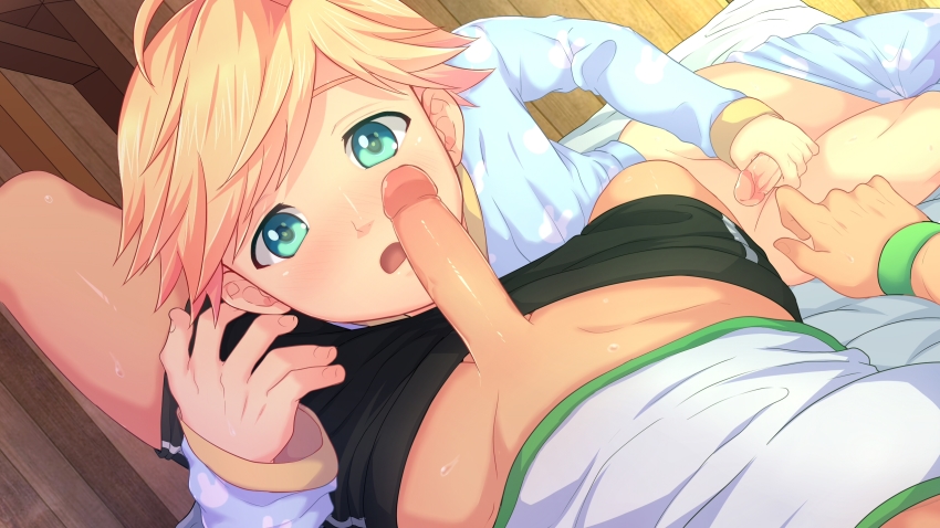 2boys, blonde hair, blowjob, blush, camp buddy, femboy, gay, girly, hand on penis, hunter, hunter springfield, imminent oral, male, male only, male/male, penis, shy, tagme, teal eyes, twink, yaoi