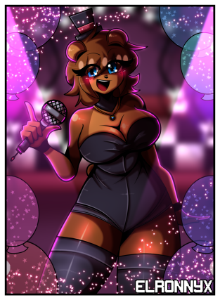 animatronic blue_eyes brown_hair elronnyx female five_nights_at_freddy's five_nights_in_anime freddy_(fnaf) freddy_fazbear microphone smiling solo