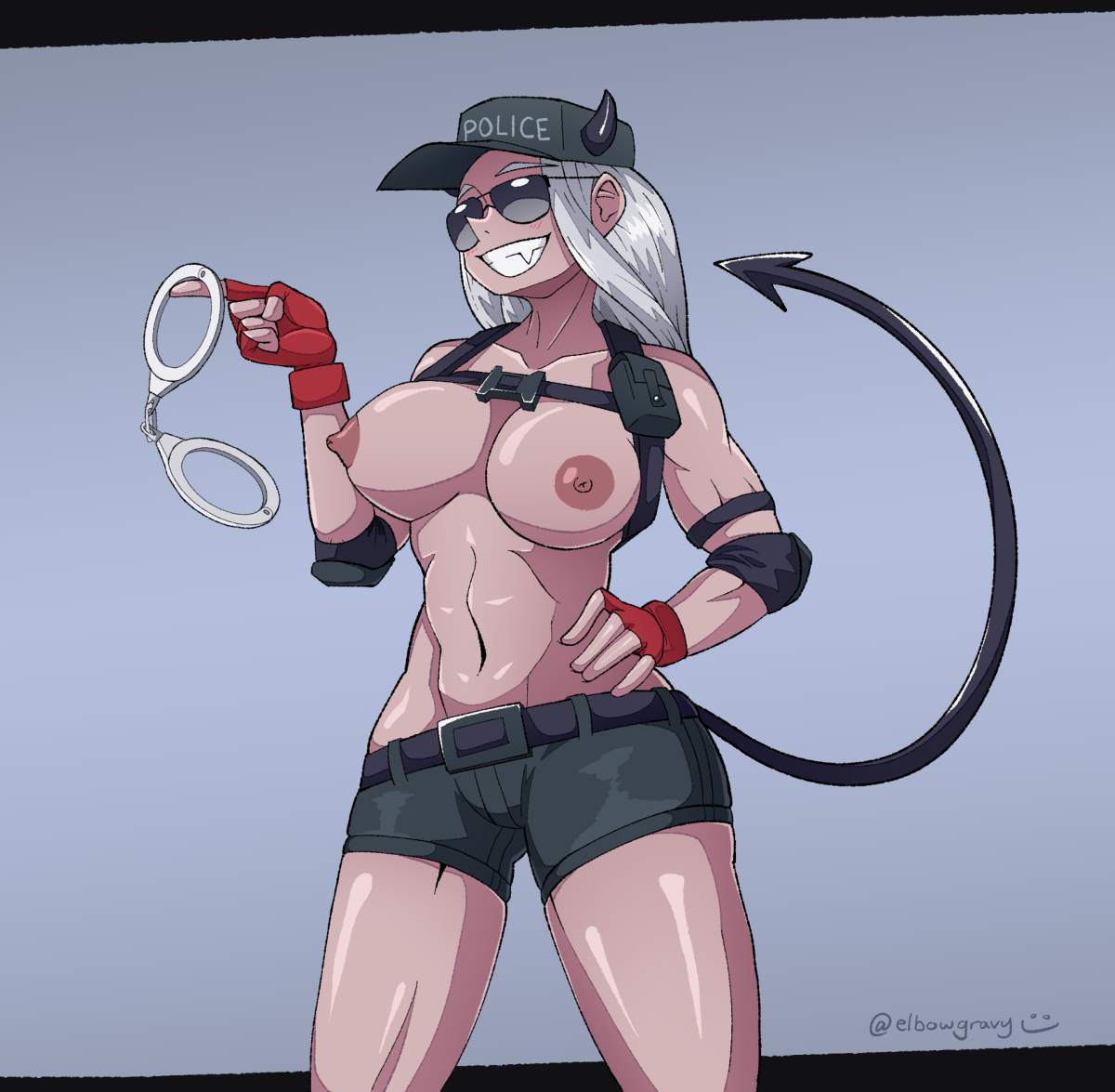 1girls, abs, breasts, elbowgravy, female, handcuffs, helltaker, horns, justice (helltaker), light skin, light-skinned female, police, police hat, police uniform, tail, white hair