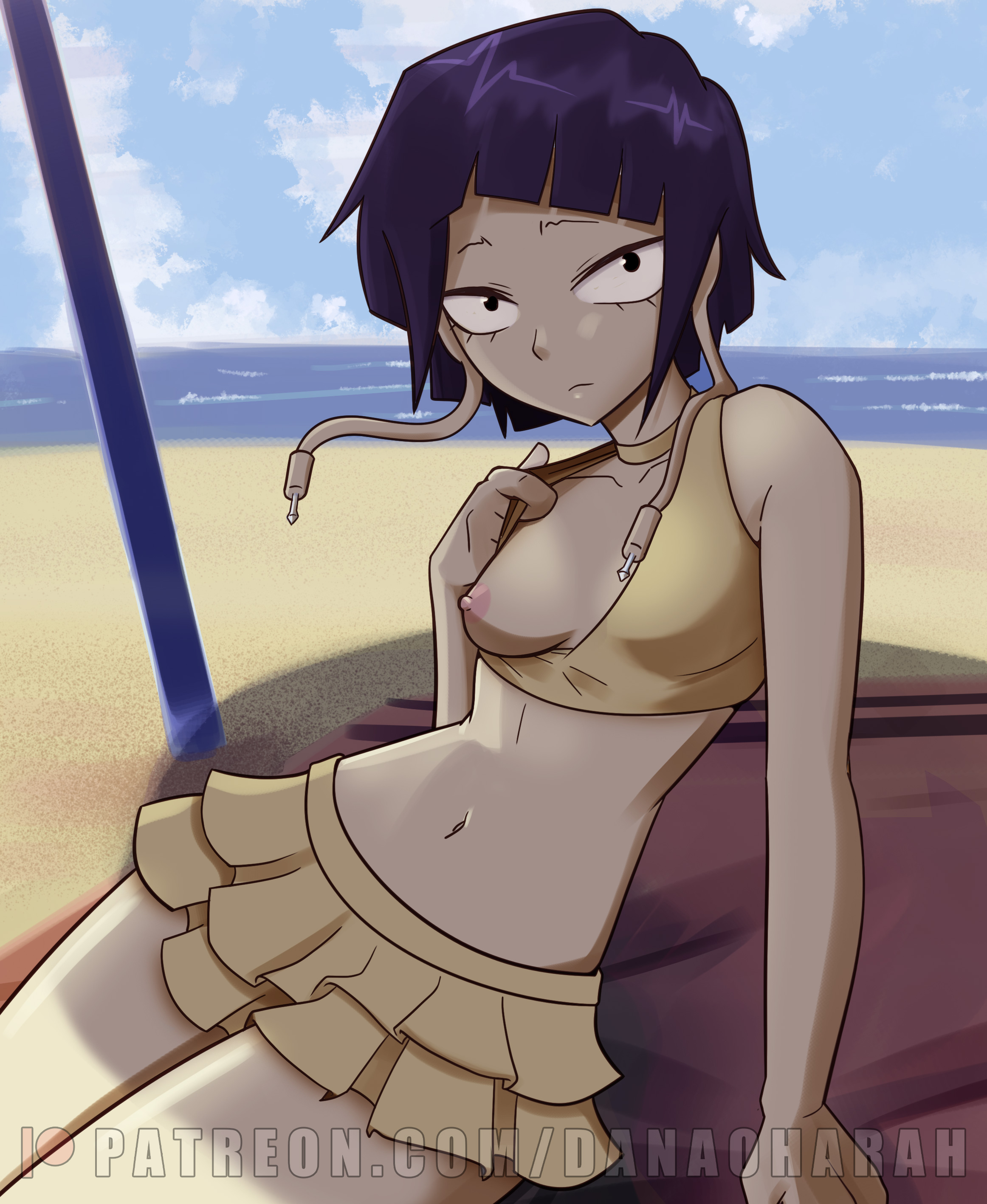 1girls, areolae, beach, bikini, breasts, clothed, clothing, danaoharah, female, female focus, female only, frilly skirt, kyoka jiro, looking at viewer, my hero academia, nipple slip, nipples, one breast out, purple hair, purple-haired female, short hair, solo, solo female, tagme, thick thighs, thighs, thin waist, wide hips