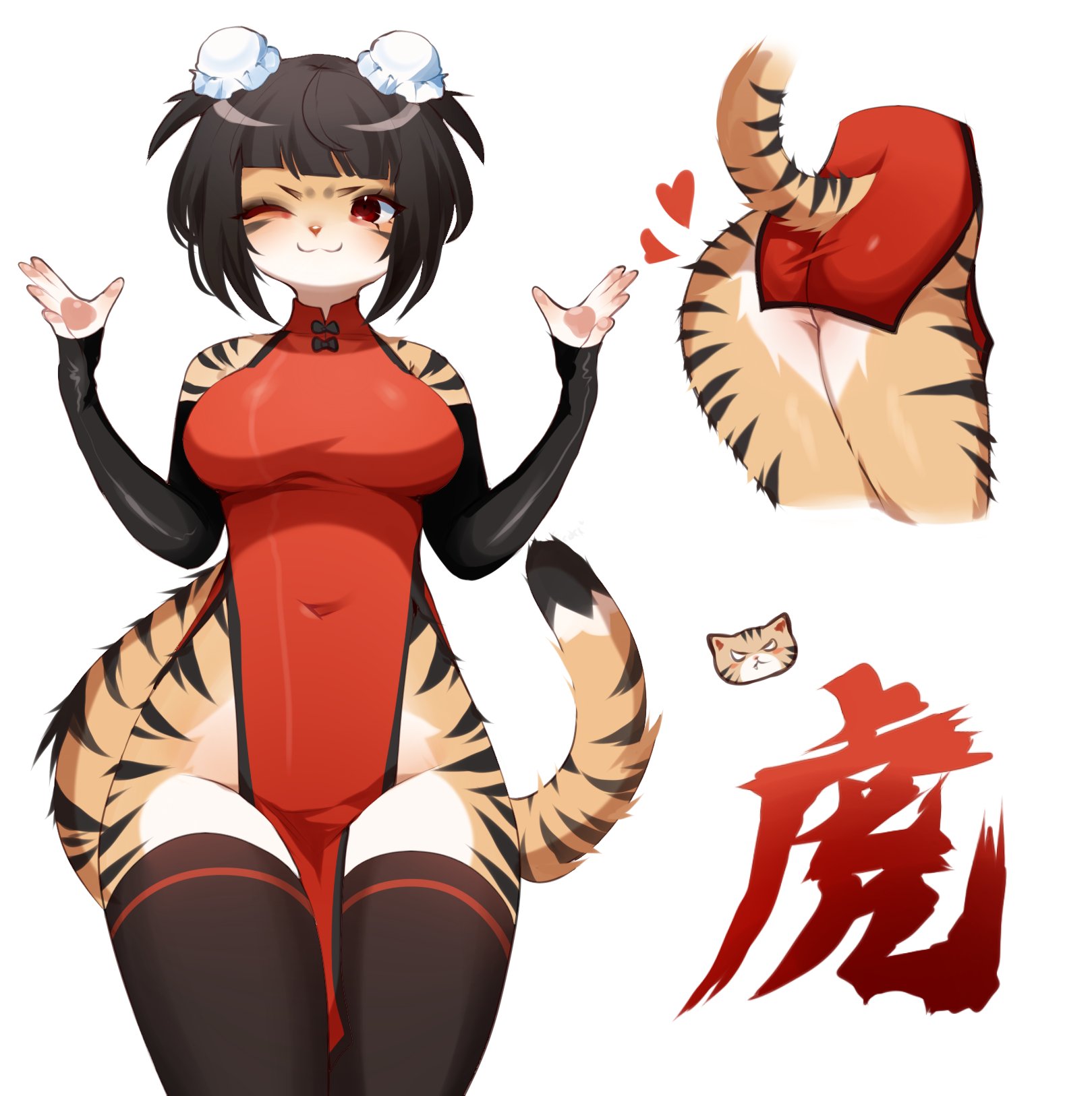 :3, 1girls, anthro, ass, big breasts, black hair, black legwear, blush, breasts, china dress, chinese clothes, cowboy shot, curvy, double bun, female, fredek666, from behind, furry, hair bun, hair ornament, hi res, hips, legwear, looking at viewer, one eye closed, orange fur, original, original character, red dress, red eyes, short dress, simple background, smile, solo, solo female, striped, stripes, tail, thighhighs, tiger, white background, wide hips