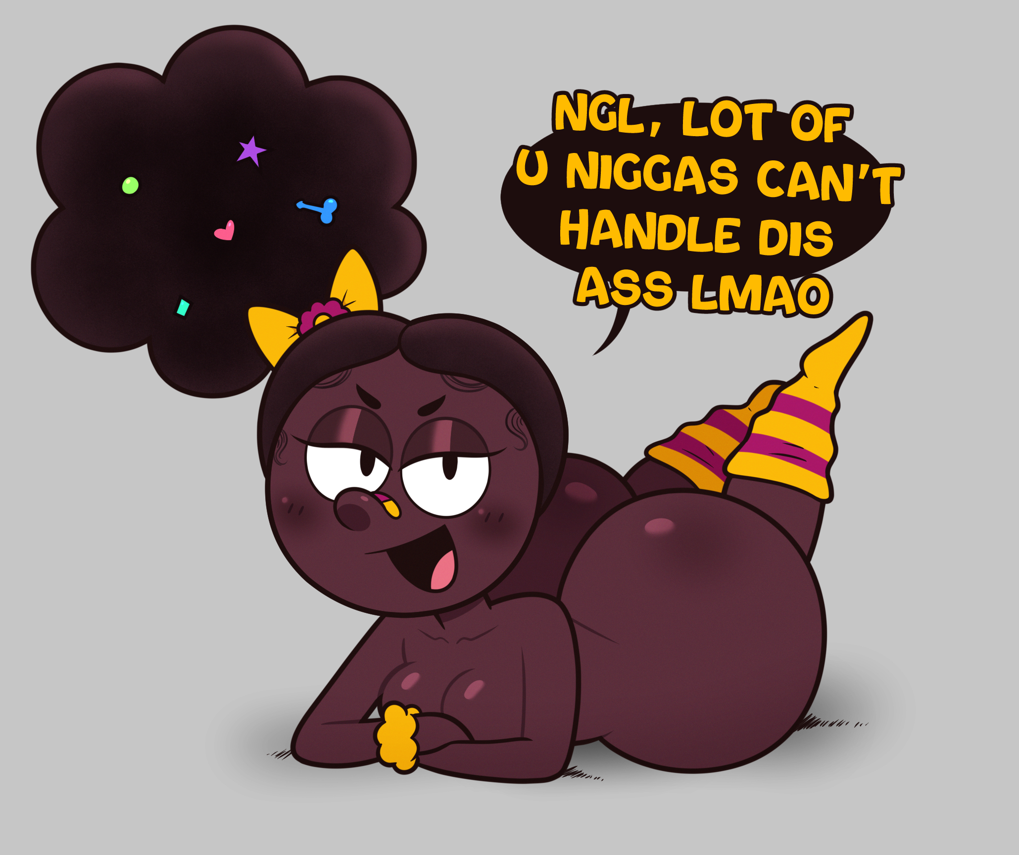 1girls, ass, big ass, black hair, comedy central, dialogue, ebony, huge ass, laying down, narwhalpajamaz, nichole daniels, partially clothed, poofy hair, shortstack, side ponytail, sketch, smug, socks, south park, text, the n word