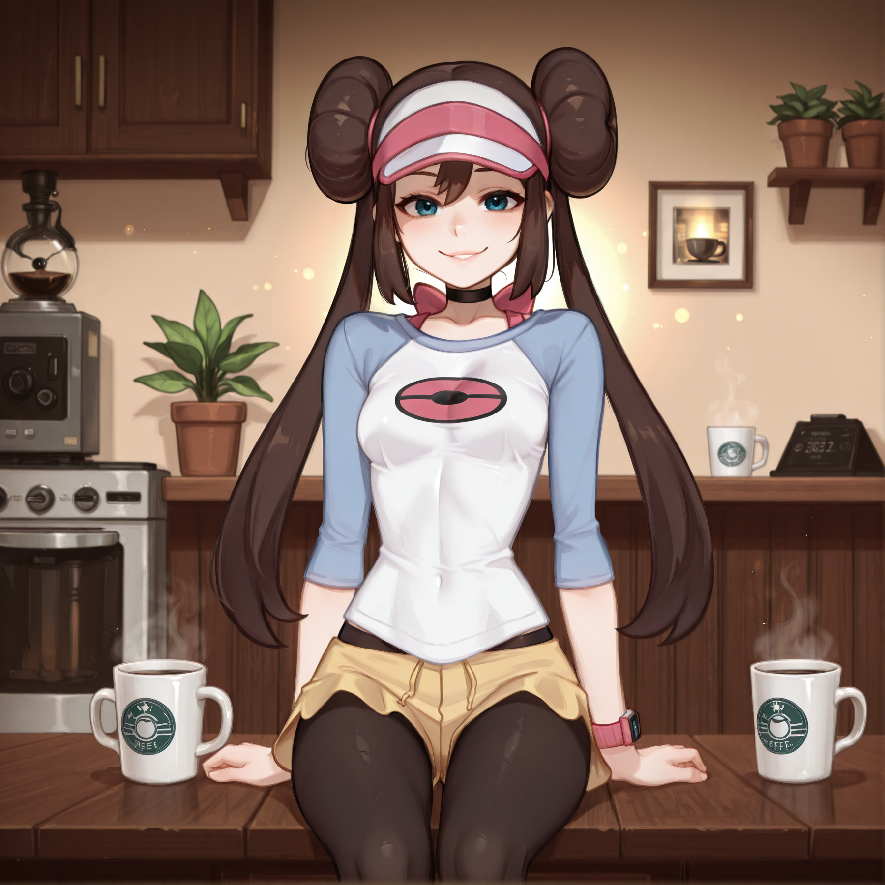 absurdres, ai generated, black choker, black pantyhose, blue eyes, blush, bow, breasts, brokewyt, brown hair, choker, coffee, coffee mug, covered navel, cup, double bun, female, hair bun, highres, indoors, legwear under shorts, long hair, looking at viewer, mug, pantyhose, parted lips, patreon username, picture frame, pink bow, plant, poke ball print, pokemon bw2, pokemon trainer, potted plant, raglan sleeves, rosa (pokemon), short shorts, shorts, sitting, smile, solo, table, twintails, uncensored, visor cap, watch, wristwatch, yellow shorts