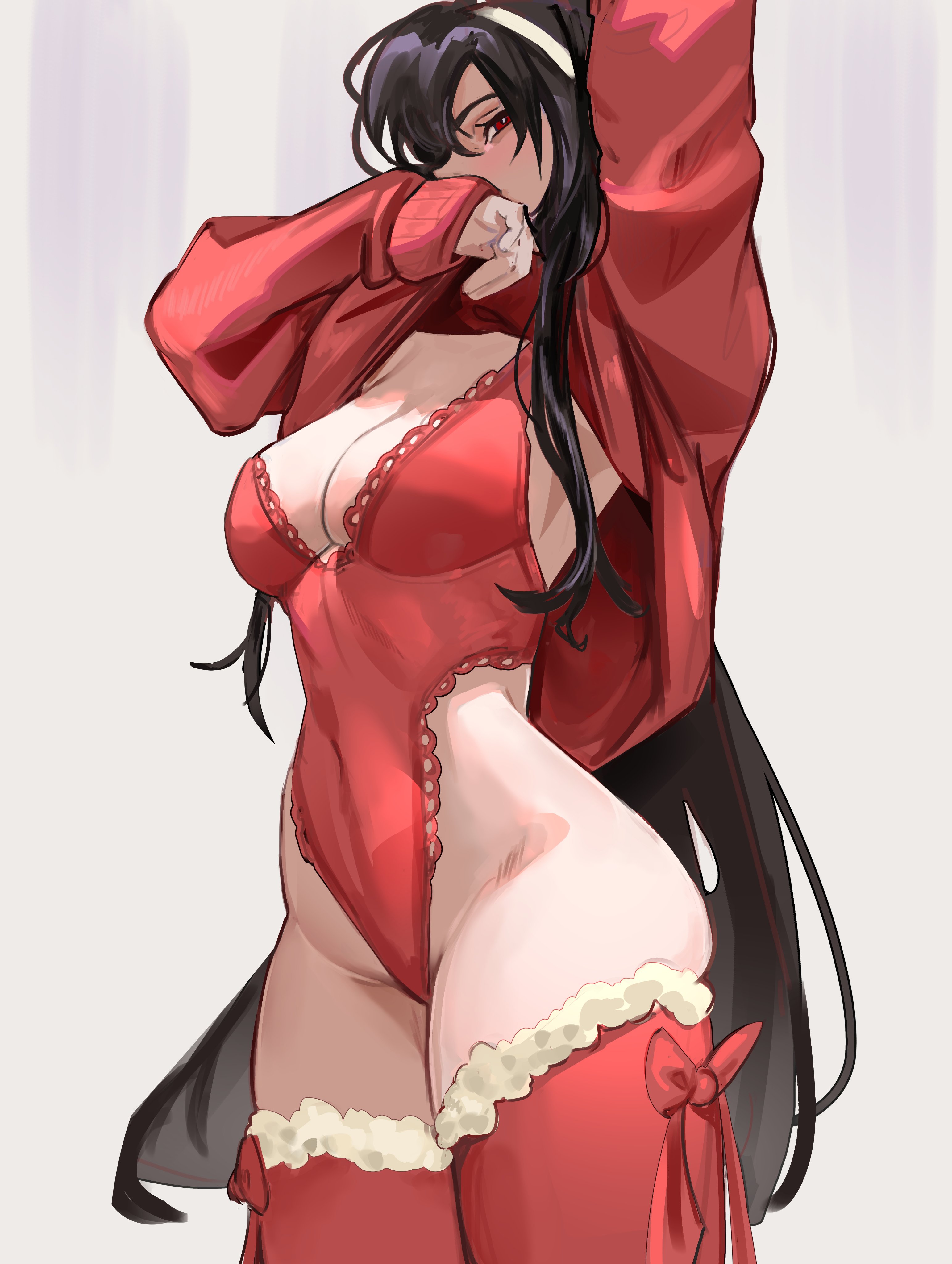 1girls, 1milf, black hair, blush, christmas, female, lingerie, long hair, long hair female, milf, no background, red eyes, ribbon, solo, spy x family, sweater, thighhighs, thighs, vile jp, yor briar, yor forger