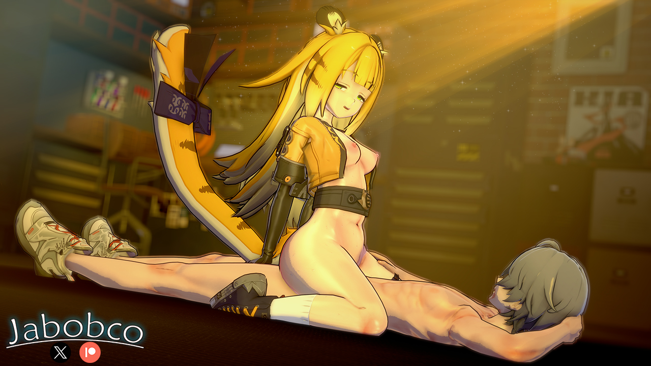 1girls, 3d, 3d (artwork), animal ears, belly button, bottomless, breasts, breasts out, cowgirl position, female, female focus, hoyoverse, jabobco, ju fufu, ju fufu (zenless zone zero), koikatsu, light skin, light-skinned female, looking pleasured, mihoyo, navel, nipples, sex, tail, wise (zenless zone zero), yellow fur, yellow hair, zenless zone zero