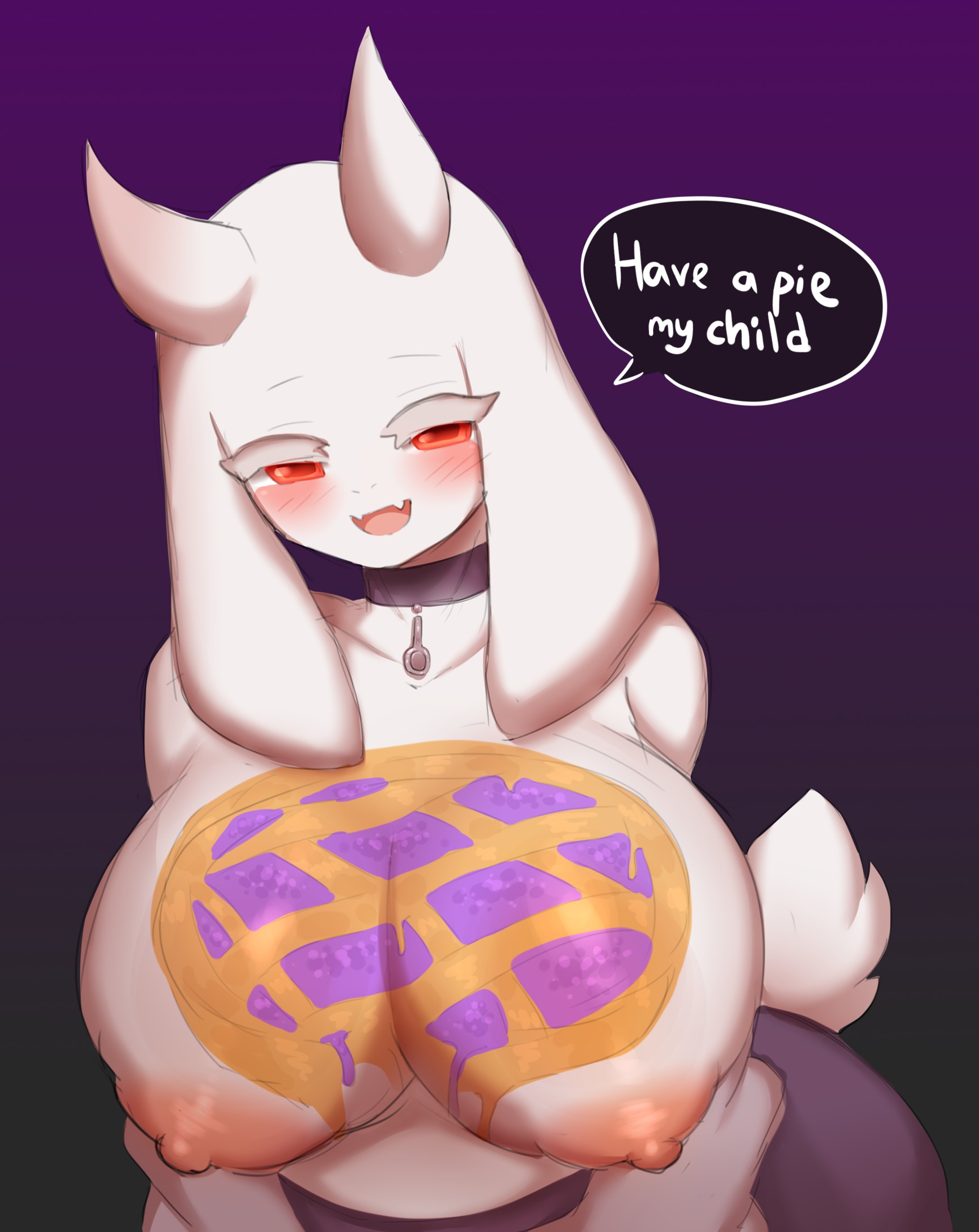 absurd res, anthro, areola, big breasts, bodypaint, boss monster (undertale), bovid, breasts, caprine, choker, clothed, clothing, dialogue, female, fur, goat, hi res, jewelry, lefantis, mammal, necklace, nipples, painted breasts, purple background, simple background, solo, topless, toriel, undertale, undertale (series), white body, white fur