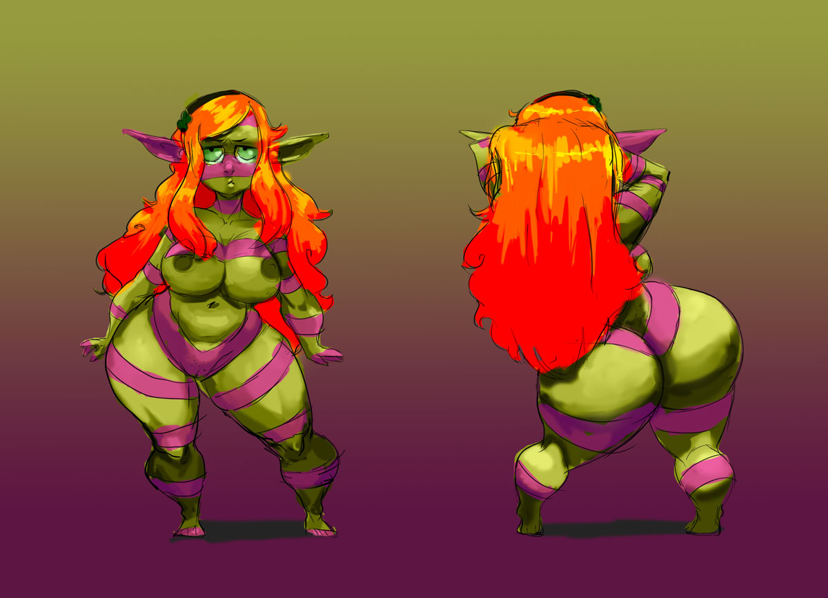 1girls, 2d, 4chan, ass, belly, big ass, big breasts, breasts, female, female only, goblin, goblin female, green eyes, green skin, huge ass, multicolored body, multicolored skin, orange hair, purple skin, pussy, shortstack, simple background, solo, vagina, vivian james