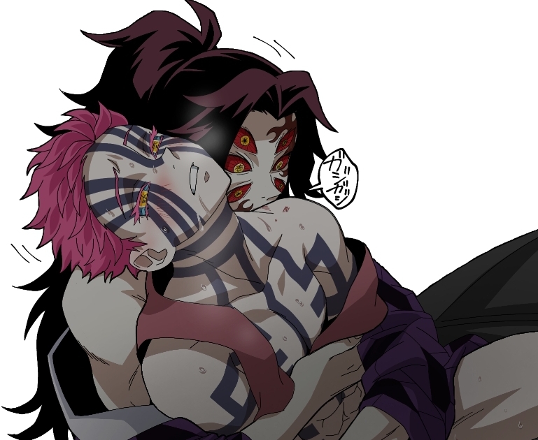 2boys 6_eyes akaza_(kimetsu_no_yaiba) artist_request blue_sclera blush body_markings breath demon demon_boy demon_slayer facial_markings gay hickey_marks implied_masturbation implied_sex jerkingoff_another kimetsu_no_yaiba kokushibo long_hair_male male male_only michikatsu_tsugikuni moaning_in_pleasure multi_eye muscular muscular_male neck_biting nervous pink_hair ponytail red_sclera sweat yaoi yellow_eyes