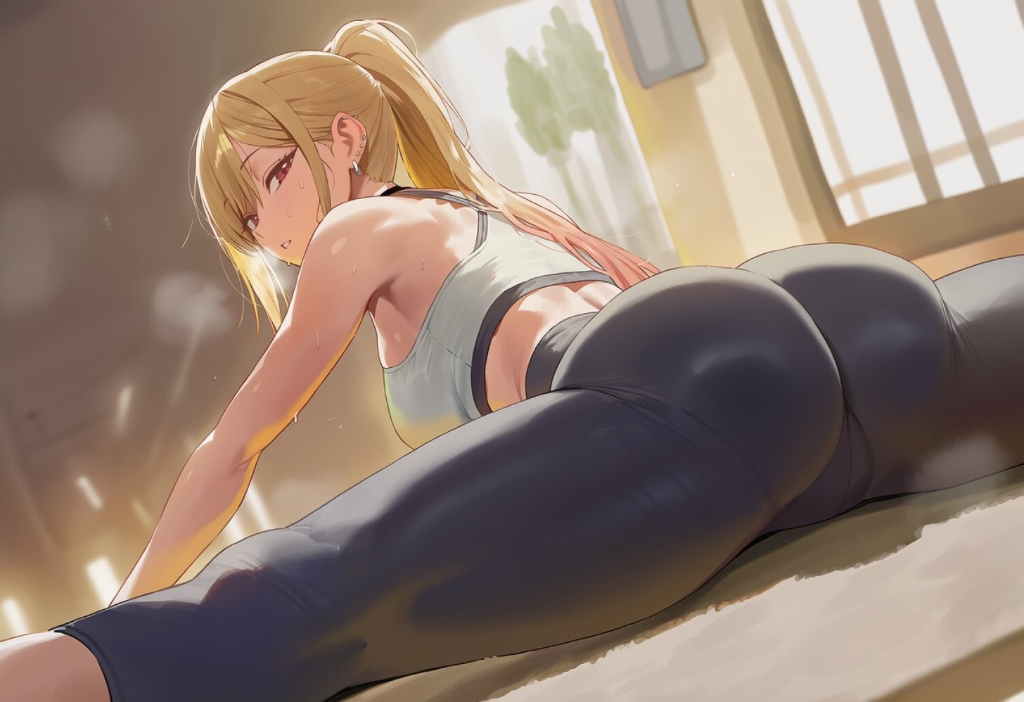 1girls, ai generated, ass, ass focus, big ass, blonde female, blonde hair, cameltoe, earrings, gym uniform, heavy breathing, kitagawa marin, long hair, looking at viewer, looking back, multicolored hair, my dress up darling, ponytail, shiny skin, sono bisque doll wa koi wo suru, splits, sweat, sweatdrop, yoga pants