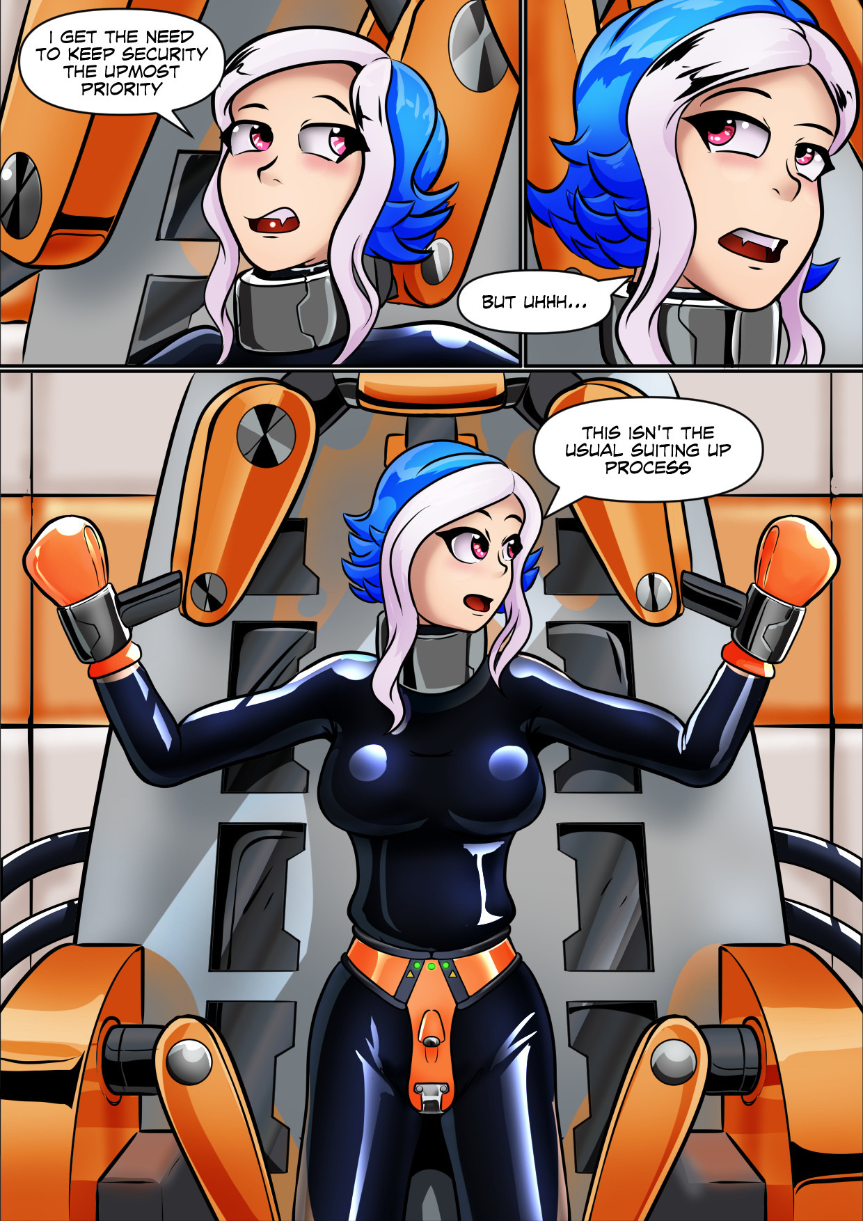 1girls, big breasts, blue hair, bodysuit, bondage, bondage gear, bondage mittens, catsuit, character request, chastity, chastity belt, chastity device, collar, comic, complaining, fangs, female, female chastity, female only, femsub, helpless, high quality, horny jail, imminent bondage, in progress, latex, metal collar, mittens, multicolored hair, padded cell, padded room, padded walls, permanent bondage, pink eyes, plasma-dragon, prison, prisoner, restrained, restrained arms, restraints, short hair, vampire, vampire girl, virtual youtuber, vtuber, white hair stripe