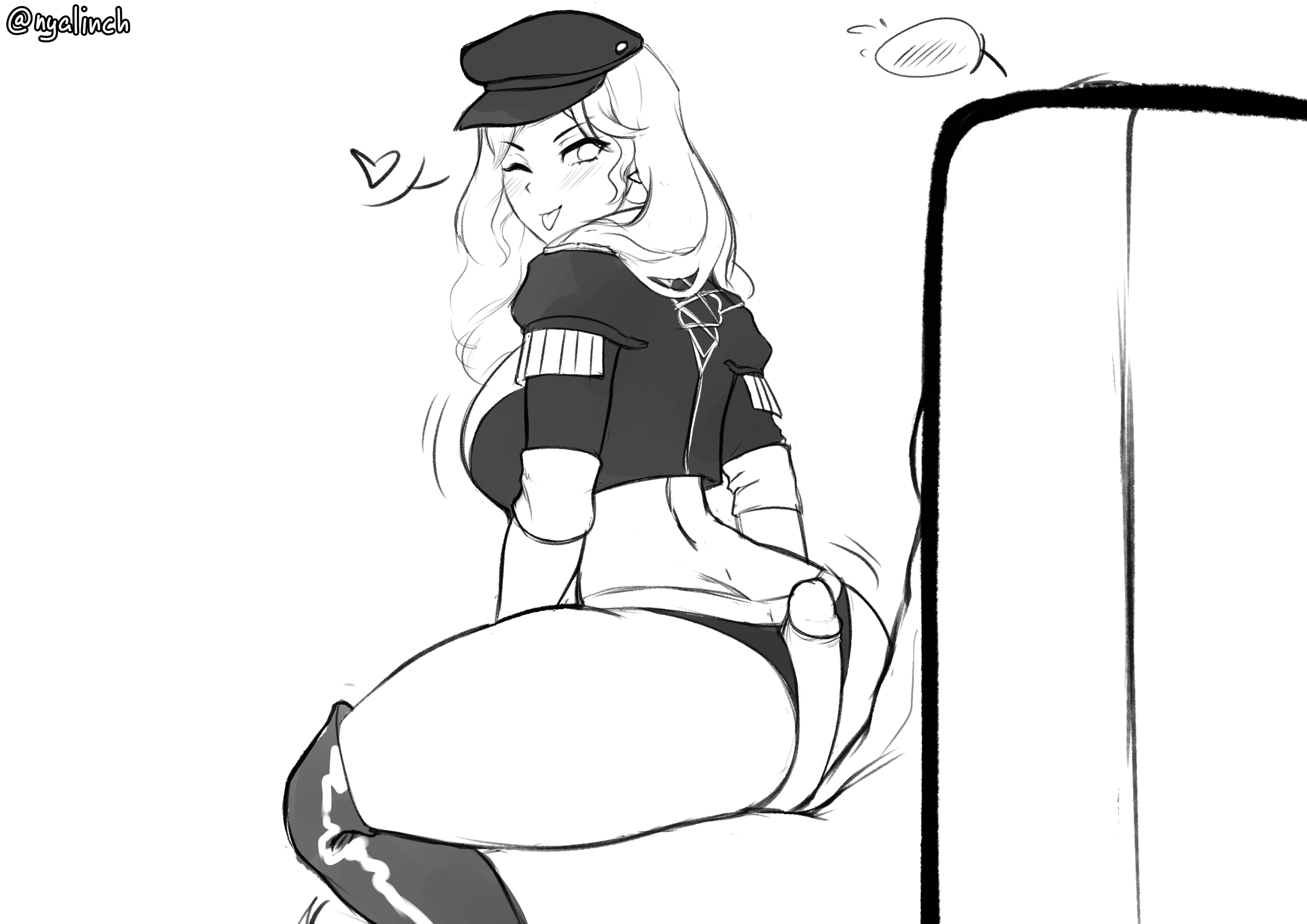 1boy, 1girls, ass, ass focus, assjob, assjob through clothes, big breasts, boots, bottomless, bottomless female, bottomless female nude male, commission, commissioner upload, dorothea arnault, faceless male, femdom, fire emblem, fire emblem: three houses, garreg mach monastery uniform, gentle femdom, hat, heart symbol, high resolution, intelligent systems, lap dance, long hair, meowlinch, monochrome, non-web source, panties, pantyjob, penis, playful, playful smile, sitting, sitting on lap, sitting on penis, tagme, tongue, tongue out, wink, winking