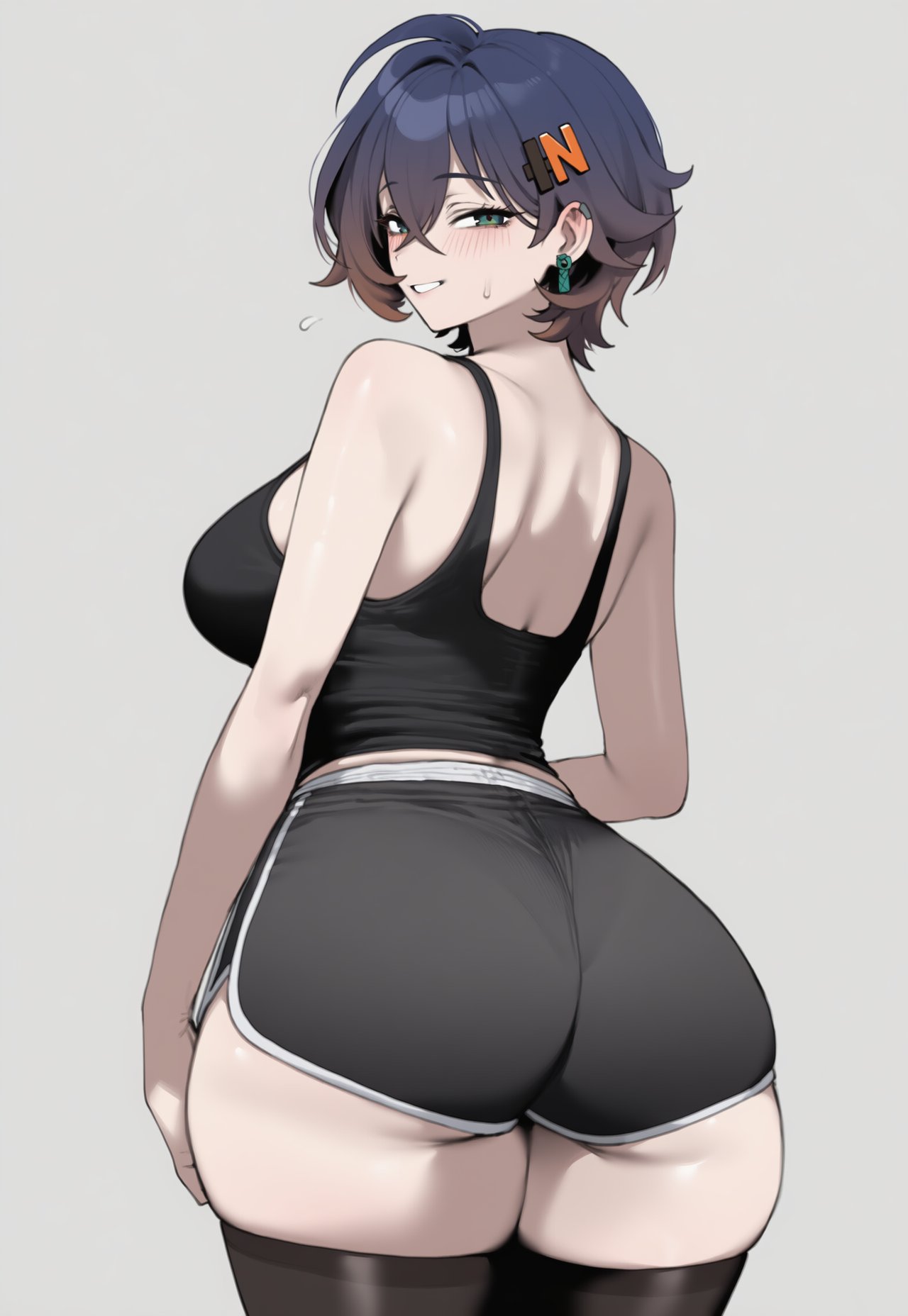 1girls, ai generated, ass, ass focus, back, back view, belle (zenless zone zero), blush, booty shorts, breasts, fat ass, huge ass, huge breasts, looking at viewer, looking back, mihoyo, short hair, smile, sweat, sweatdrop, thick thighs, thighs, truck kun, truck-kun art, zenless zone zero