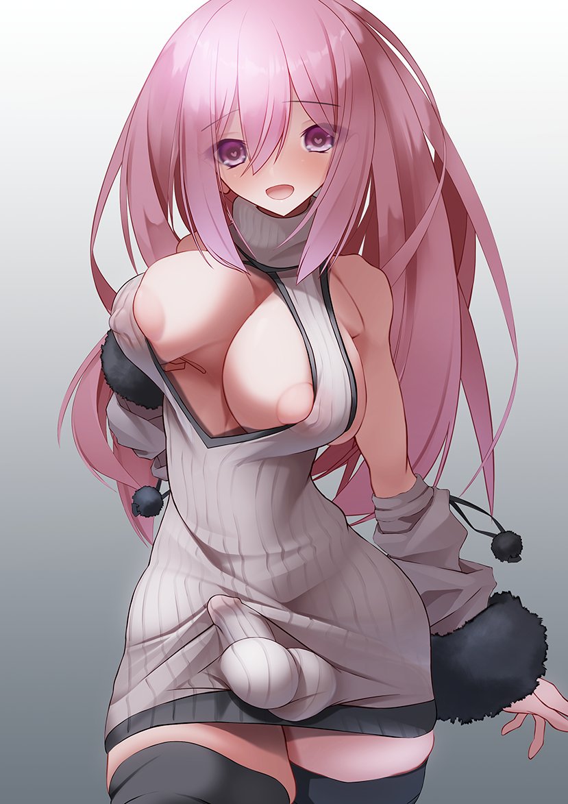 1futa, absolute territory, areola slip, areolae, ause (artist), balls, balls bulge, big breasts, big penis, breast grab, breasts, bulge, cleavage, cleavage cutout, clothed, clothing, detached sleeves, erection, futa only, futanari, human, intersex, light skin, light-skinned futa, long hair, looking at viewer, partially clothed, penis, pink hair, solo, standing, sweater, thighhighs, virgin killer sweater