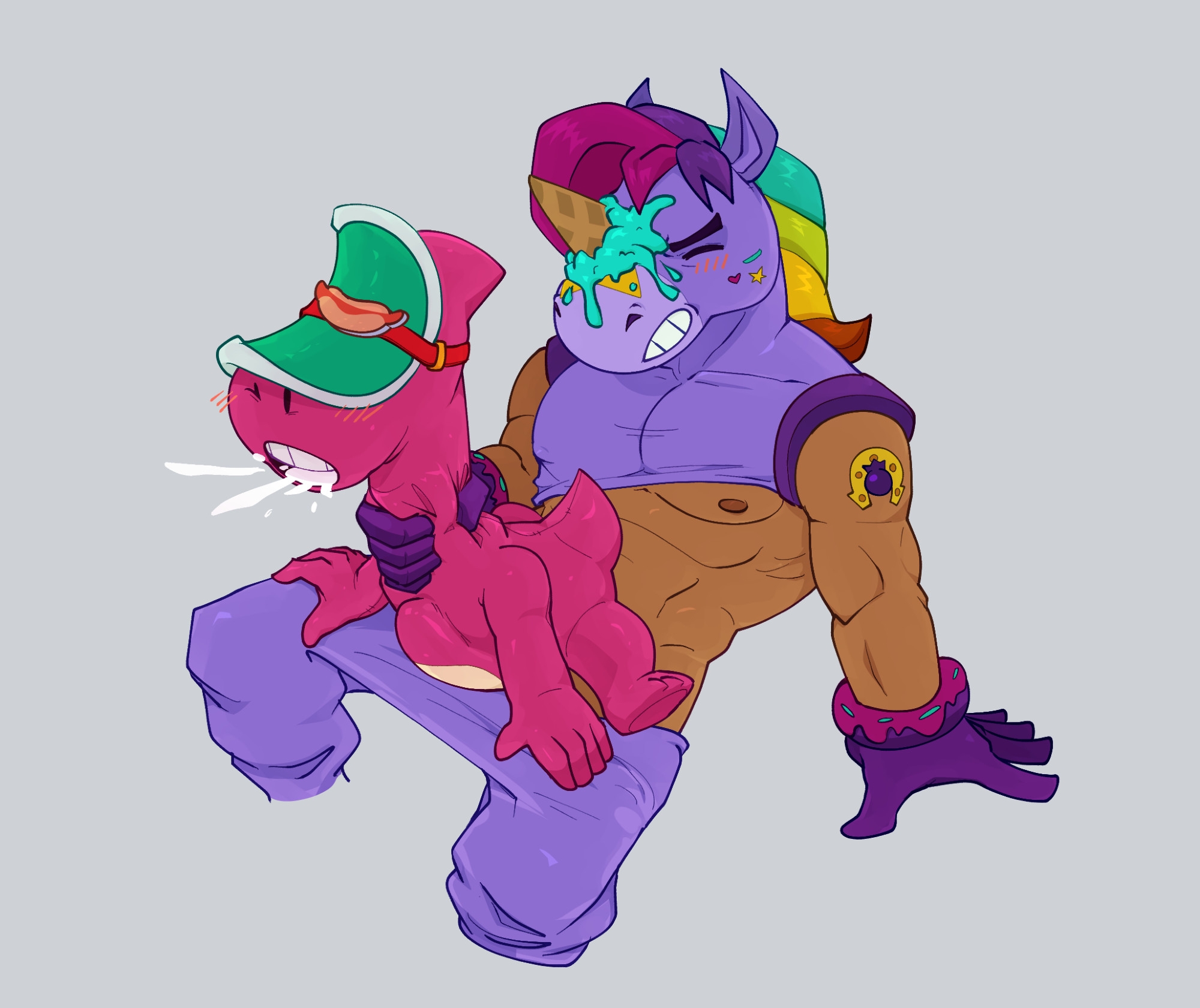 berry (brawl stars), blush, bobmacvosky, boner, brawl stars, cum in mouth, cum inside, doug (brawl stars), erection, gay sex, grabbing, grabbing neck, male only, pleasure face, size difference, supercell, tagme