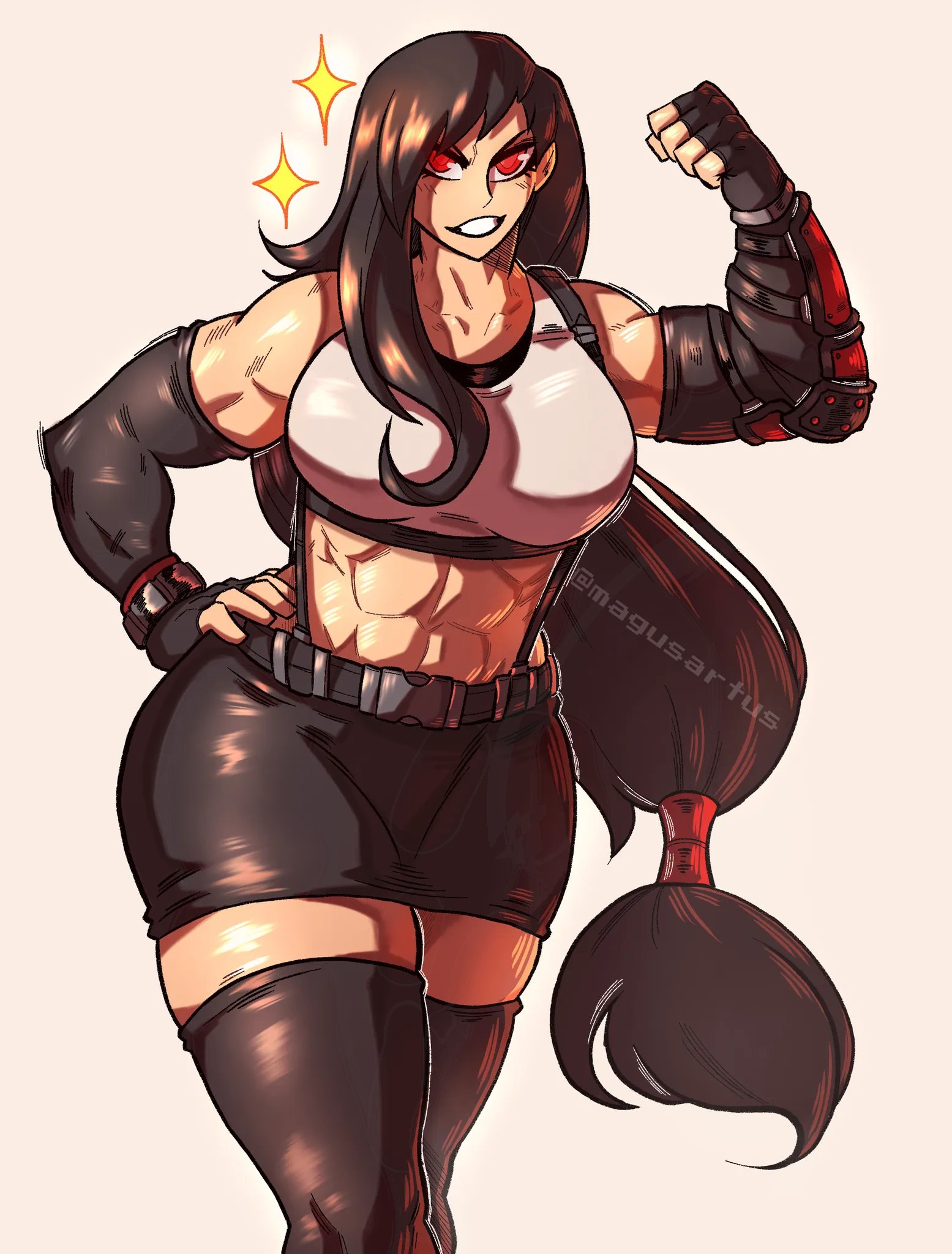 1girls, abs, big breasts, breasts, brown hair, eye contact, female, female only, final fantasy, final fantasy vii, flexing, flexing bicep, front view, large breasts, light skin, light-skinned female, long hair, looking at viewer, magnusartus, muscular, muscular female, red eyes, skirt, smile, smiling, smiling at viewer, solo, solo female, sparkle, sparkles, square enix, tagme, thick thighs, thighs, thunder thighs, tifa lockhart, toned, toned female