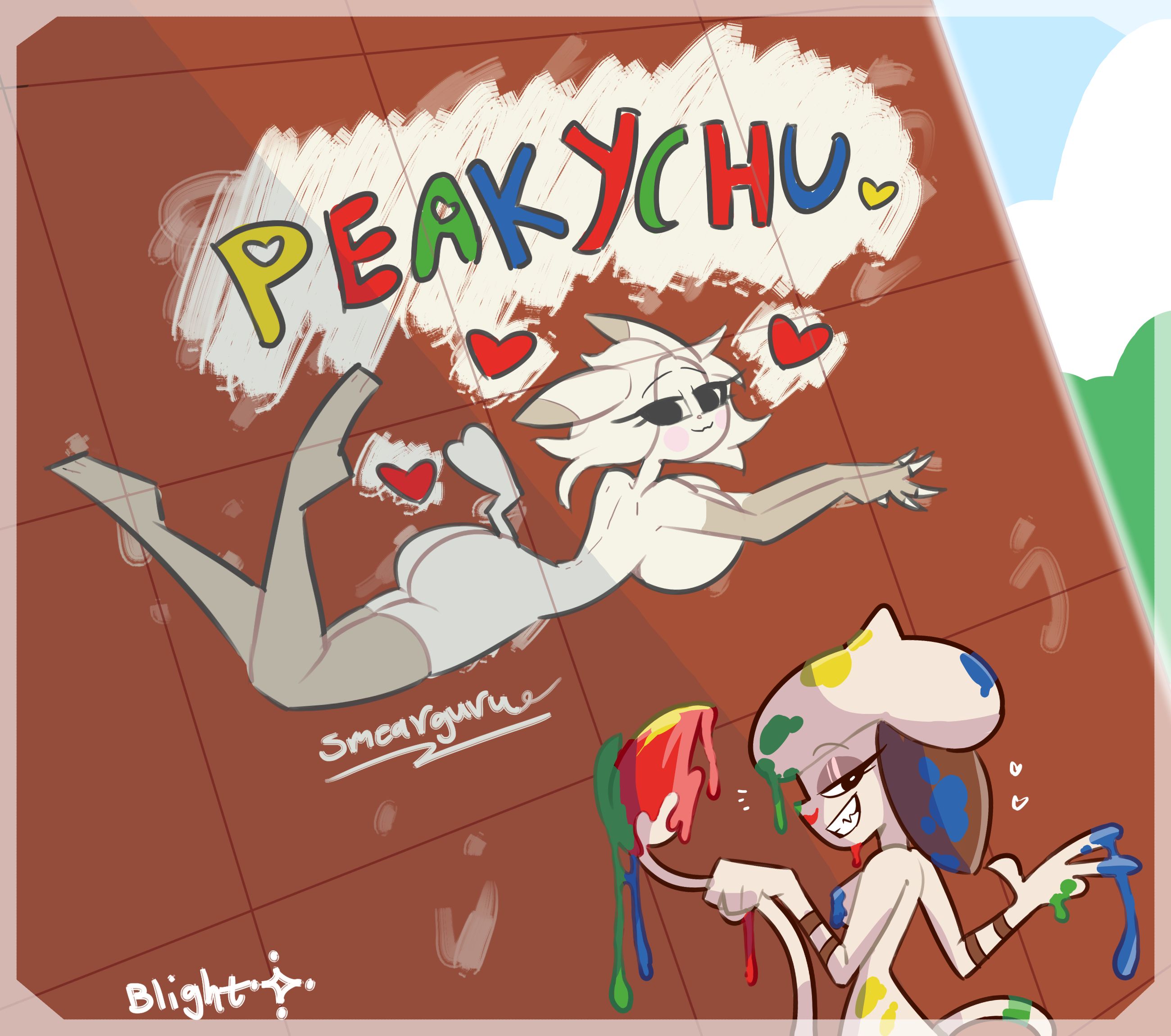 :3, 2girls, alternate form, anthro, arm gloves, ass, blightstar, butt focus, character name, doble (pokemon), doble-sensei (pokemon pokopia), female, female only, graffiti, heart, large breasts, leggings, legs up, looking at viewer, looking back, mural, on stomach, paint on body, painting, peakychu, pikachu, pinup, poco a pokemon, pokemon, pokemon (species), pokopia, presenting, rosy cheeks, short hair, signature, small breasts, smeargle, smearguru, smile, smug, tagme, tail, usuchu, white body