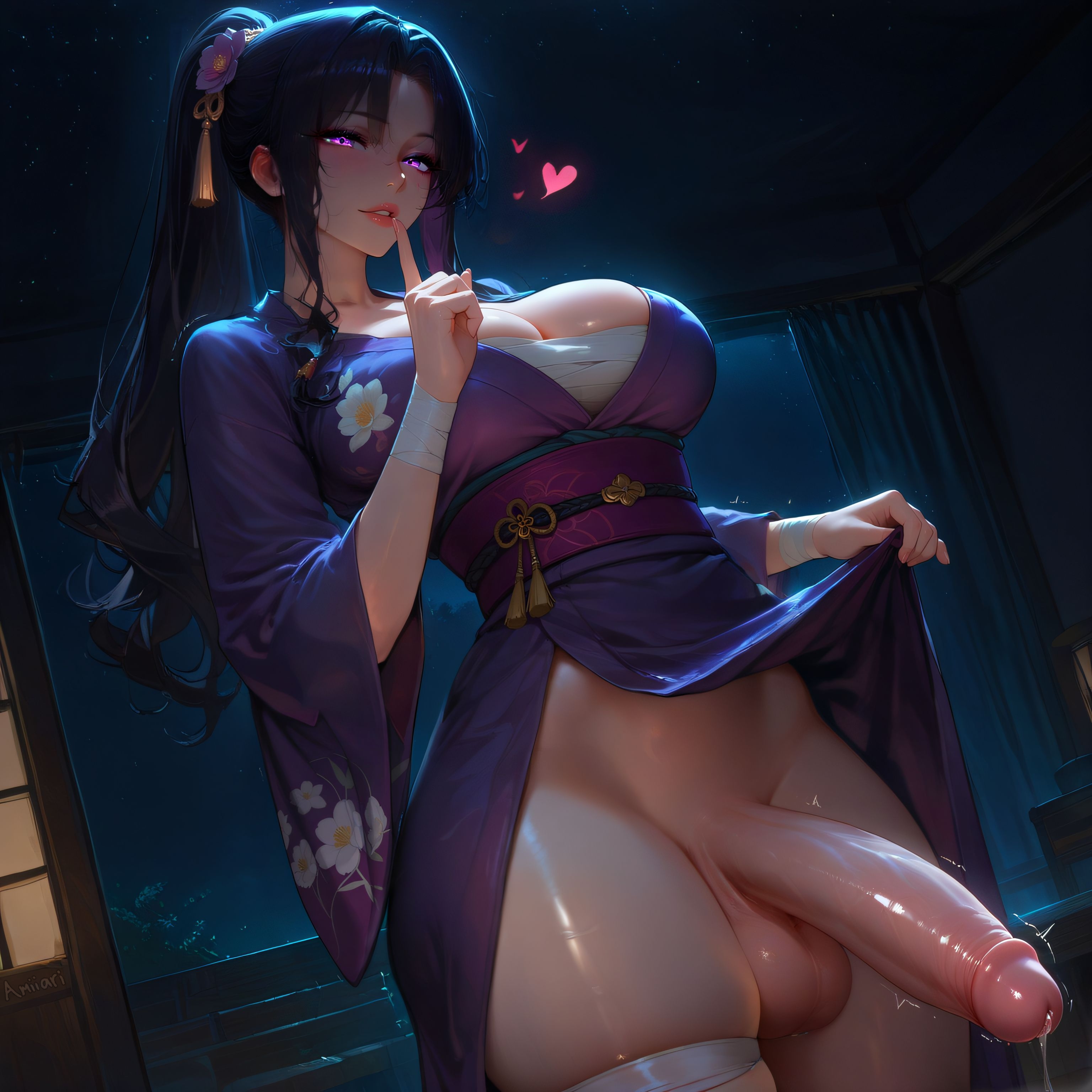 1futa, absurdres, ai generated, amiiari, bandage, bandaged arm, bandaged chest, bandaged leg, bandages, bangs, big penis, black hair, blush, breasts, budget sarashi, cleavage, clothes lift, collarbone, cowboy shot, cum string, detailed, dripping, dripping penis, dripping precum, dutch angle, erection, eyebrows visible through hair, eyeshadow, finger on lip, finger to mouth, floral print, flower, from below, futanari, hair flower, hair intakes, hair ornament, half-closed eyes, hand up, heart, high ponytail, holding, huge penis, imminent fellatio, imminent oral, index finger raised, indoors, japanese clothes, kimono, kimono lift, lantern, large breasts, large penis, lifted by self, long fingernails, long hair, long penis, long sleeves, looking at viewer, looking down, makeup, medium breasts, moon, naughty face, night, no panties, obi, open mouth, original character, outdoors, parted bangs, parted lips, pelvic curtain, penis, pent up, pink eyes, pink lips, ponytail, precum, precum drip, precum string, purple eyes, purple flower, purple hair, purple kimono, purple nails, sarashi, sash, seductive smile, shushing, sidelocks, skindentation, skirt lifted by self, sliding doors, smile, solo, standing, tassel, testicles, thick thighs, thigh ribbon, thigh strap, thighlet, thighs, throbbing penis, twitching penis, veins, veiny penis