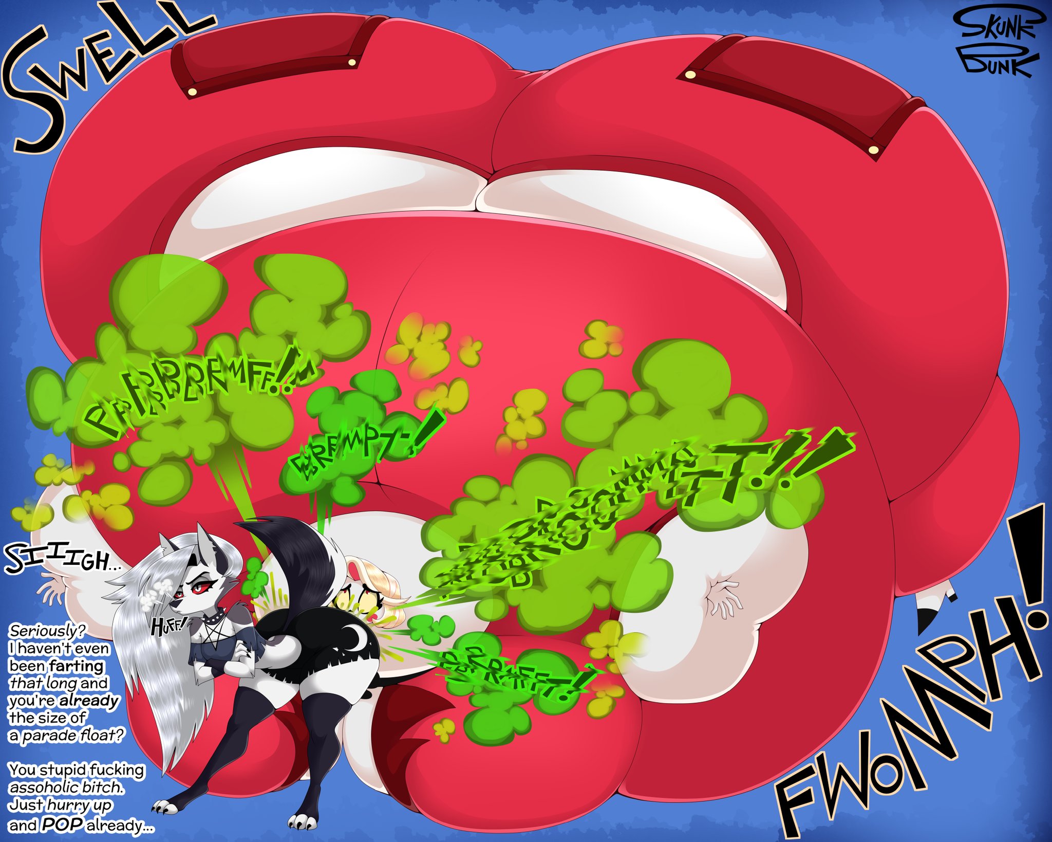 2025, 2025s, ass, big ass, big breasts, big butt, blue background, bubble ass, bubble butt, canid, canis, charlie morningstar (hazbin hotel), clothed, clothing, colored text, demon girl, dialogue, dumptruck ass, dumptruck butt, expansion, fart, fart inflation, gas inflation, gassy, gassy female, hazbin hotel, hellhound, helluva boss, high heels, high quality, high resolution, highres, huge breasts, hyper, hyper ass, hyper breasts, hyper butt, inflation, leaning down, long hair, loona (helluva boss), plump, plump ass, plump butt, plump thighs, red clothing, red eyes, skunk bunk, sunken limbs, text, thick, thick butt, thick thighs, vivienne medrano, white body, white hair, white skin, wide ass, wide hips, wide thighs, wolf, wolf ears, wolf tail, yellow eyes
