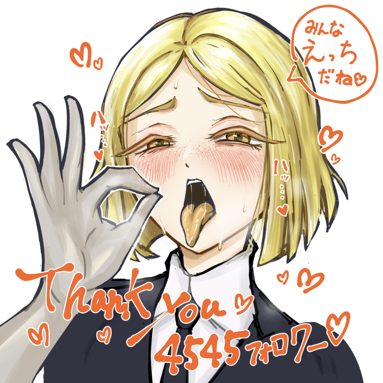 1boy, ambiguous gender, androgynous, blank background, blowjob gesture, blush, femboy, gloves, hakariuri gummy, highres, houseki no kuni, humanoid, land of the lustrous, light skin, light-skinned male, long gloves, looking at viewer, open mouth, otoko no ko, pale skin, pale-skinned male, pseudo hair, saliva, seductive, short hair, solo, suggestive, sweat, sweatdrop, text, translation request, uniform, white background, yellow diamond (land of the lustrous), yellow eyebrows, yellow eyelashes, yellow eyes, yellow hair, yellow mouth, yellow tongue