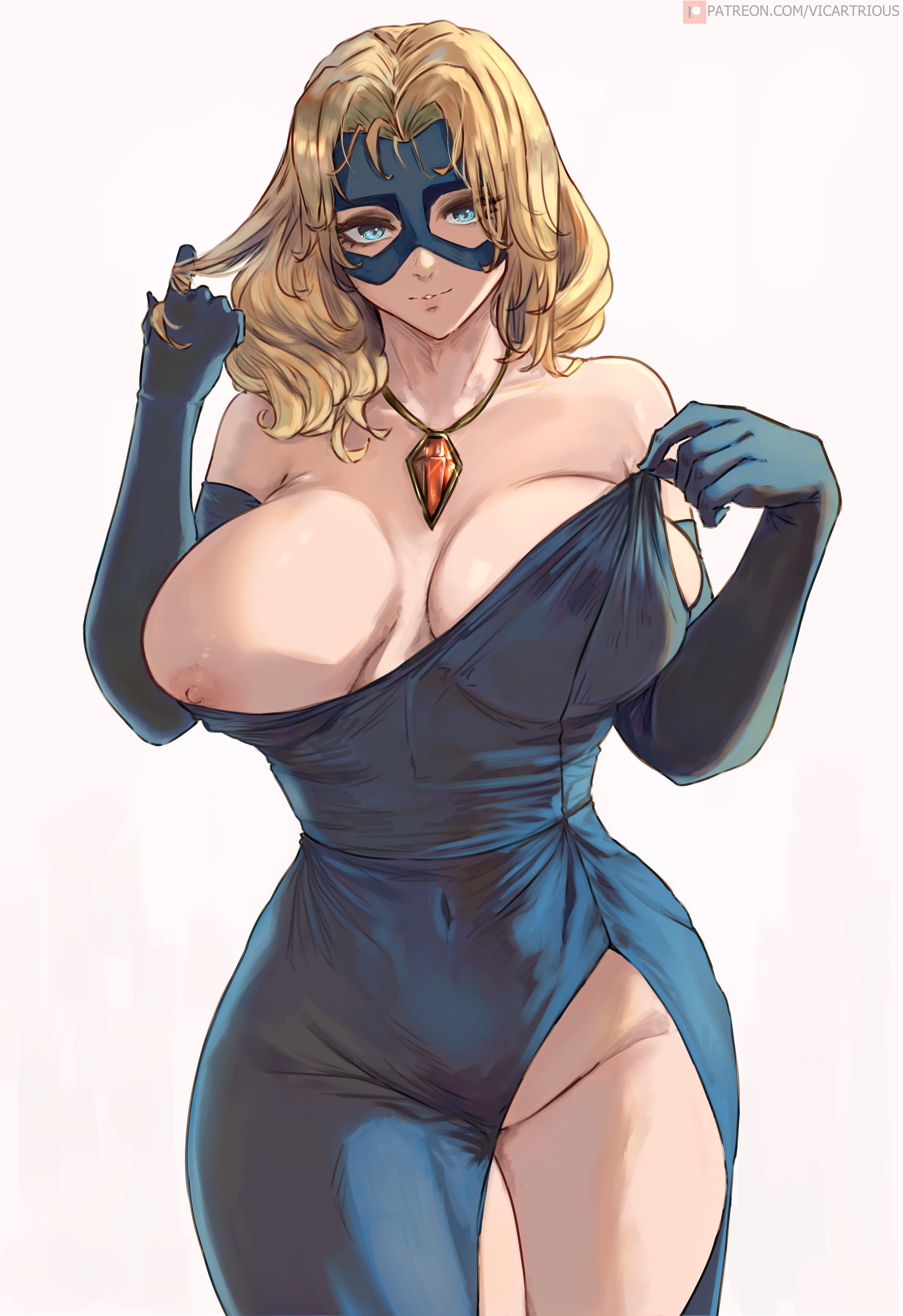1girls, absurd res, absurdres, areola slip, areolae, arm up, armpit, athletic, athletic female, bare shoulders, belly, big breasts, blonde, blonde blazer, blonde female, blonde hair, blonde hair female, blonde-haired female, blue clothes, blue clothing, blue dress, blue eyes, blue gloves, blue mask, blush, breast slip, breasts, busty, casual, child bearing hips, collarbone, commentary, covered navel, curvaceous, curvaceous body, curvaceous female, curvaceous figure, curves, curvy, curvy body, curvy female, curvy figure, cute face, dispatch, dispatch (game), dress, dress pull, elbow gloves, english commentary, evening, exposed breasts, eye mask, female, female focus, female only, gloves, hand behind head, hand in own hair, hand on head, hand on own head, heroine, high resolution, highres, hips, hourglass figure, human, human female, jewelry, large breasts, light skin, light-skinned female, long hair, looking at viewer, mask, milk, necklace, nipple slip, nipples, one, one arm up, outdoors, outside, park, perky breasts, shaved armpit, simple background, slim girl, slim waist, smile, solo, solo female, solo focus, strapless, strapless dress, superhero, superhero mask, superheroine, thick thighs, thighs, very high resolution, vicarious, vicarious (vicillust), vicartrious, voluptuous, voluptuous body, voluptuous female, voluptuous figure