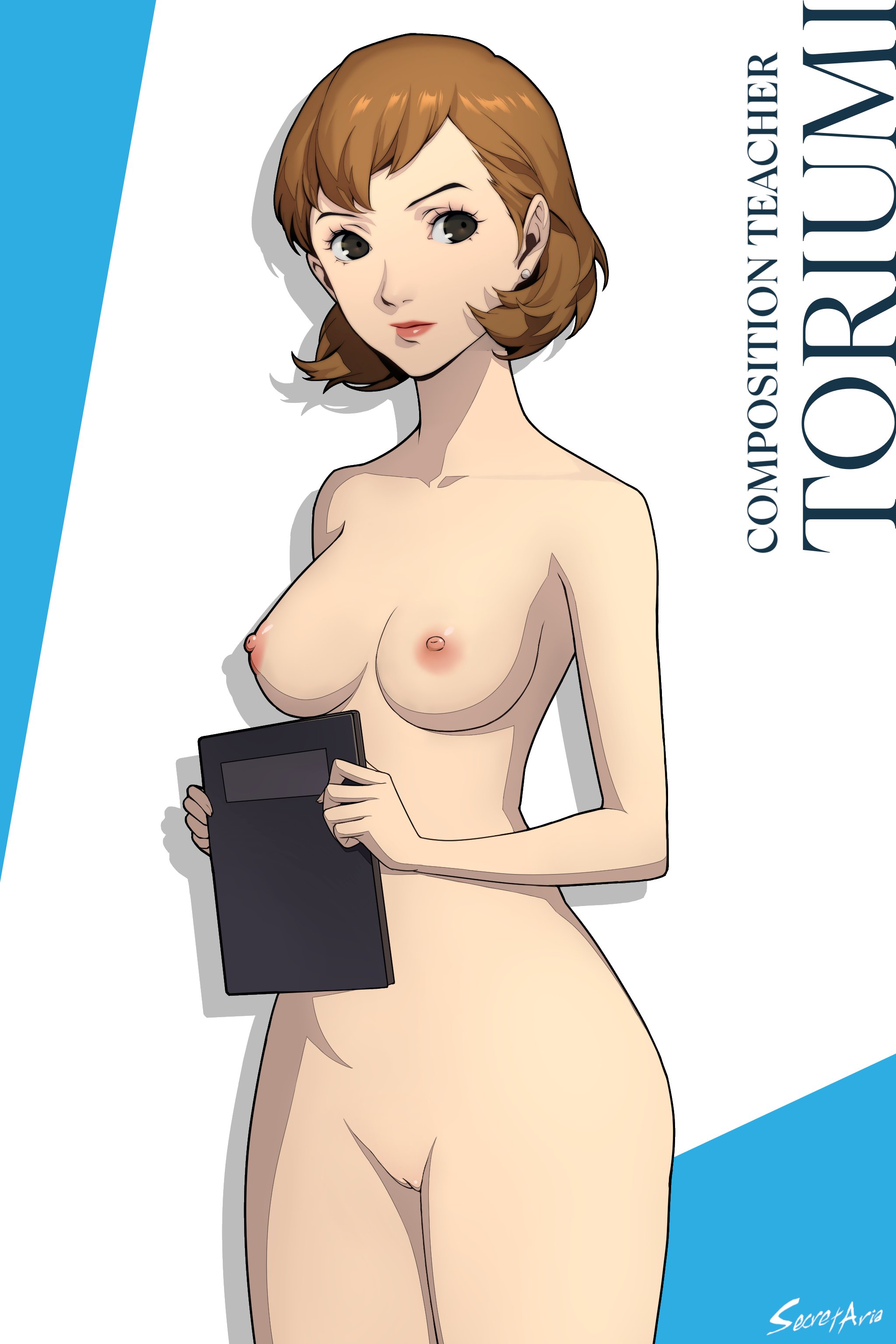 accurate art style, artist name, atlus, breasts, brown eyes, brown hair, character name, completely nude, edit, edited, edited official artwork, female, holding, holding notebook, lips, medium breasts, megami tensei, nipples, notebook, nude, persona, persona 3, persona 3 reload, pussy, ryusentzumi, short hair, solo, standing, toriumi isako