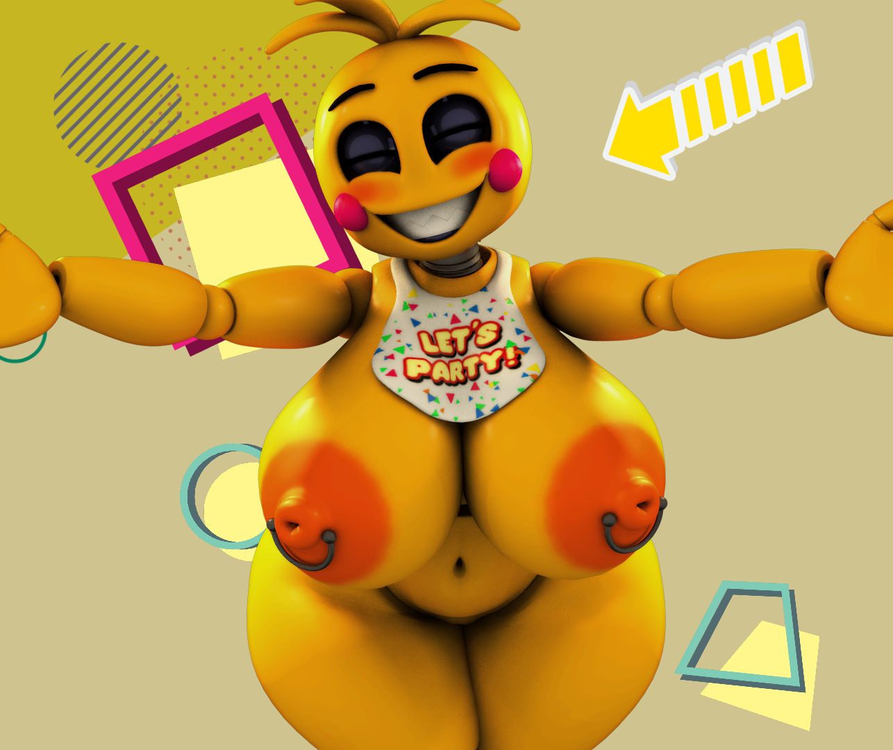 3d, bib, big breasts, bottom heavy, breasts, c4d max, closed eyes, erect nipples, female, female only, five nights at freddy's, five nights at freddy's 2, huge breasts, huge toy chica, inviting to hug, large breasts, nipple piercing, nipples, piercing, piercings, pink cheeks, small waist, smiling, solo, thick thighs, top heavy, toy chica (fnaf), toy chica (love taste), wide hips, yellow body