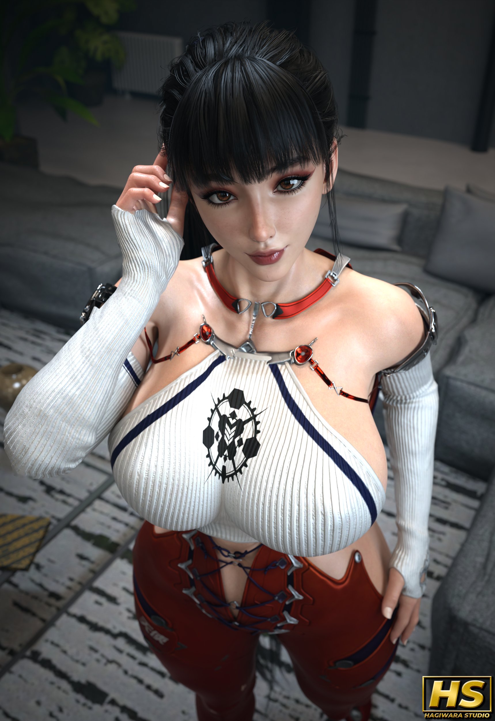 1girls, 2025, 3d, 3d (artwork), armpits, ass, athletic, athletic female, bangs, bare belly, bare shoulders, big ass, big breasts, big butt, black hair, boobies, boobs, breasts, brown eyes, busty, clothed, clothed female, clothing, color, colored, curvaceous, curvy, curvy body, curvy female, curvy figure, eve (stellar blade), eyeliner, fanart, female, femme fatale, full color, hagiwara studio, hips, huge breasts, large ass, large breasts, large butt, light skin, light-skinned female, long hair, looking at viewer, makeup, ponytail, pose, posing, shift up, smile, smiling, smiling at viewer, stellar blade, thick thighs, thighs, tits, titties, video game, video game character, video game franchise, video games