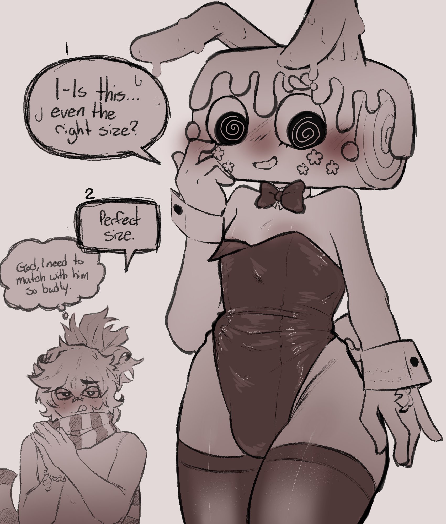 1femboy, 2boys, blush, blushing, bunny boy, bunny costume, bunny ears, bunny tail, bunnysuit, cosmo (dandy's world), cute, cute face, dandy's world, dandys world, embarrassed, english text, femboy, feminine male, gay, gay male, hi, jpg, jpg file, licking lips, moon bunn13 (artist), nervous, nervous smile, ready to fuck, shy, spiral eyes, sprout (dandy's world), thick thighs, tongue, tongue out, yaoi