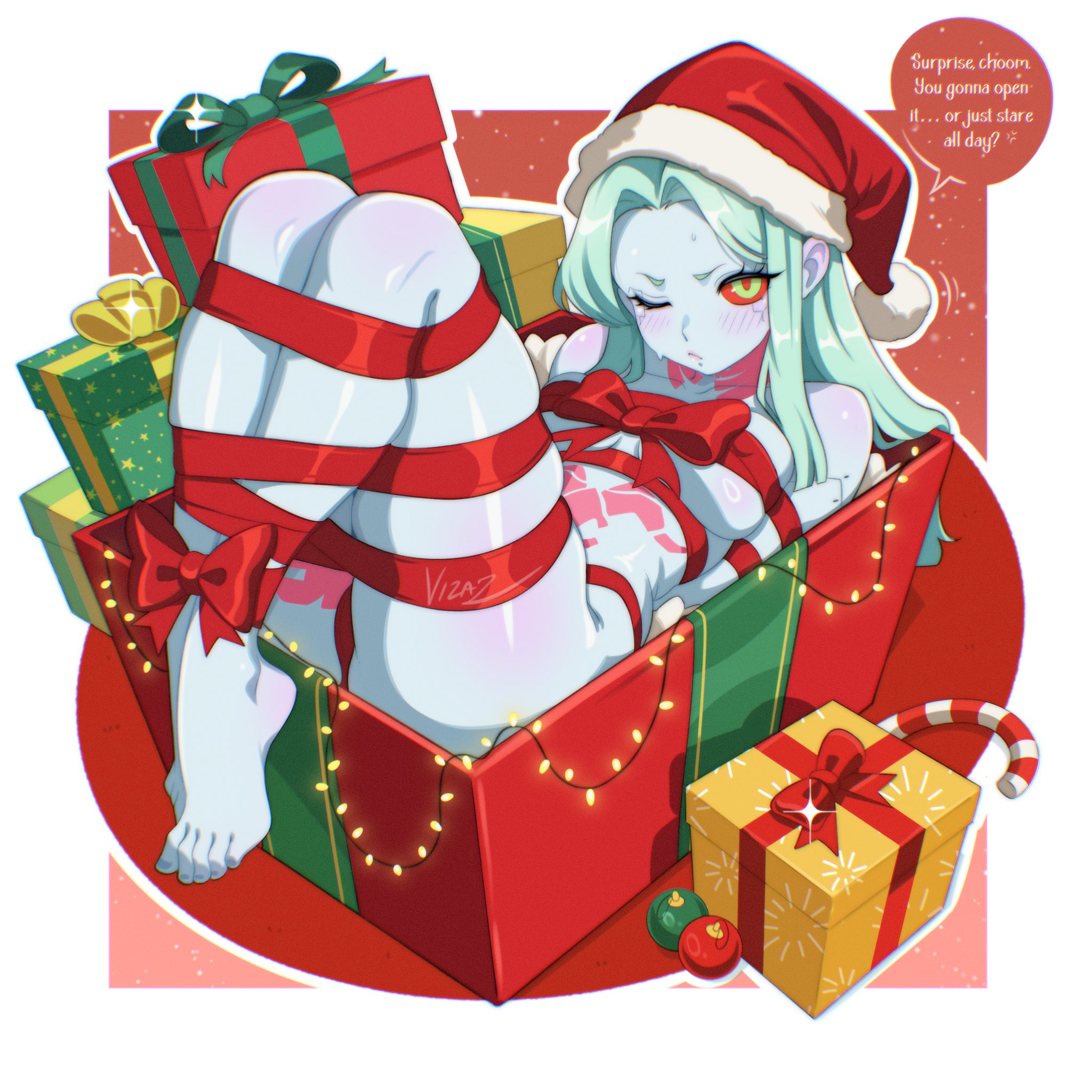 1girls, anger vein, barefoot, box, breasts, candy cane, christmas, christmas clothing, christmas headwear, christmas lights, christmas ornaments, christmas outfit, christmas present, cyberpunk 2077, cyberpunk: edgerunners, english, english text, feet, female, female only, green eyes, hair, hat, headwear, long hair, medium breasts, one eye closed, ornament, present, rebecca (edgerunners), red sclera, ribbon, ribbon bondage, ribbons, santa hat, solo, speech bubble, teal body, teal hair, teal skin, text, thighs, vizaz, wrapped, wrappings