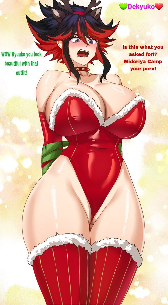 1boy1girl, big breasts, boku no hero academia, christmas, crossover, edit, edited, female, izuku midoriya, kill la kill, light skin, light-skinned female, male, male/female, matoi ryuuko, my hero academia, ryuukusnpaiarts, tomboy, voluptuous female