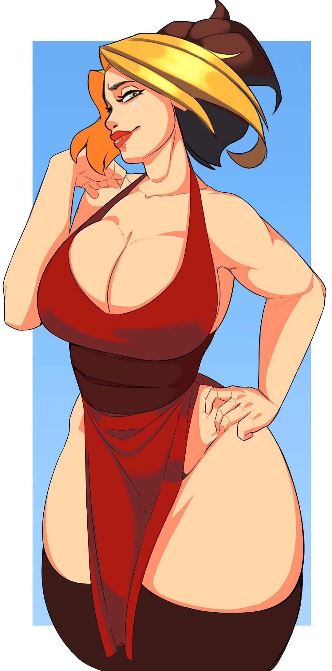 1girls, big breasts, blonde hair, blonde-haired female, blue background, breasts, brown hair, cleavage, curvaceous, curvy, demon slayer, female, female only, hand on hip, japanese clothes, kimetsu no yaiba, looking at viewer, makio (kimetsu no yaiba), pelvic curtain, ponytail, red dress, red lipstick, revealing clothes, side slit, sleeveless, solo, squiggins, thick thighs, thighhighs, two-tone hair, wide hips, yellow eyes