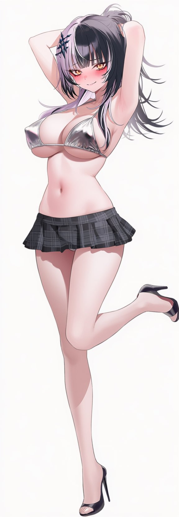 1girls, ai generated, belly, black hair, hololive, hololive english, large breasts, long hair, looking at viewer, presenting armpit, shiori novella, sideboob, thighs, underboob, virtual youtuber