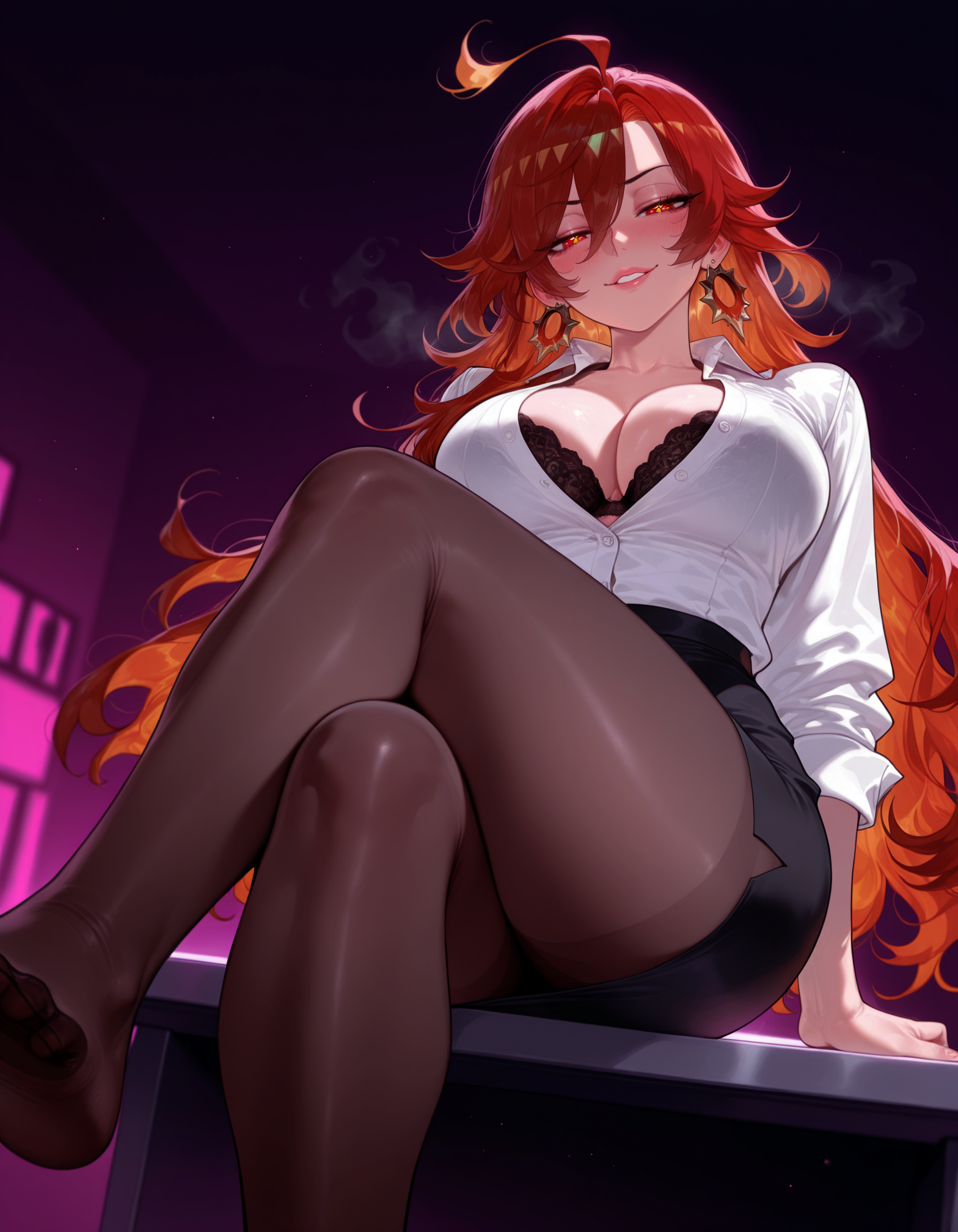 1girl, 1girls, ahoge, ai generated, arm support, balecxi, bangs, black bra, black clothes, black legwear, black pantyhose, black skirt, black underwear, blush, bra, bra peek, breasts, breath, brown pantyhose, cleavage, clothing, collarbone, collared shirt, crossed legs, curvaceous, curvaceous female, curvaceous figure, curvy, curvy figure, desk, dress shirt, earrings, feet, female, female focus, foot focus, foot out of frame, from below, genshin impact, gradient hair, grin, hair between eyes, high-waist skirt, hoyoverse, indoors, inviting, inviting to sex, jewelry, lace trim, lace-trimmed bra, large breasts, legs, legwear, lips, long hair, long sleeves, looking at viewer, mavuika (genshin impact), mihoyo, miniskirt, multicolored hair, nail polish, no shoes, office lady, on desk, open shirt, orange eyes, orange hair, pantyhose, parted lips, partially unbuttoned, pencil skirt, presenting, presenting ass, presenting breasts, presenting hindquarters, presenting self, red eyes, red hair, seductive, seductive look, seductive smile, shirt, shirt tucked in, sitting, sitting on desk, skirt, sleeves rolled up, smile, soles, solo, thighband pantyhose, thighs, toe scrunch, toenail polish, toenails, toes, underwear, voluptuous, voluptuous female, white shirt