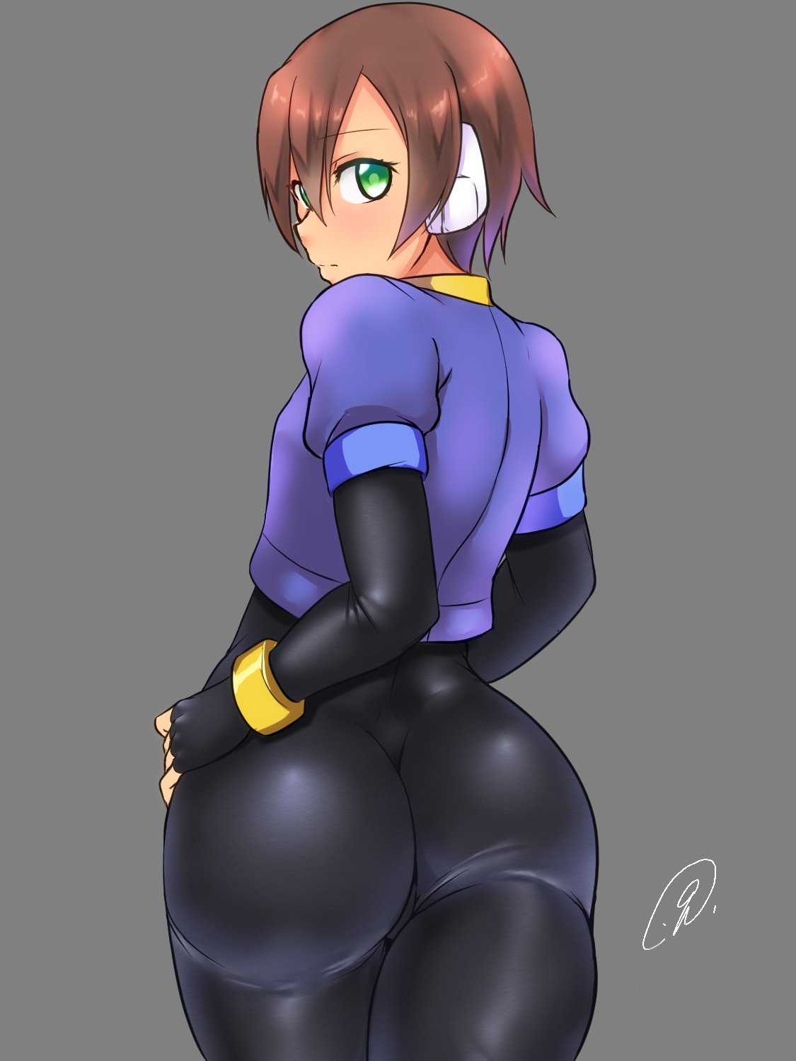 1girls 9rimson aile ass big_ass blue_jacket bodysuit brown_hair gray_background green_eyes hands_on_hips looking_at_viewer mega_man mega_man_zx tagme thick_thighs