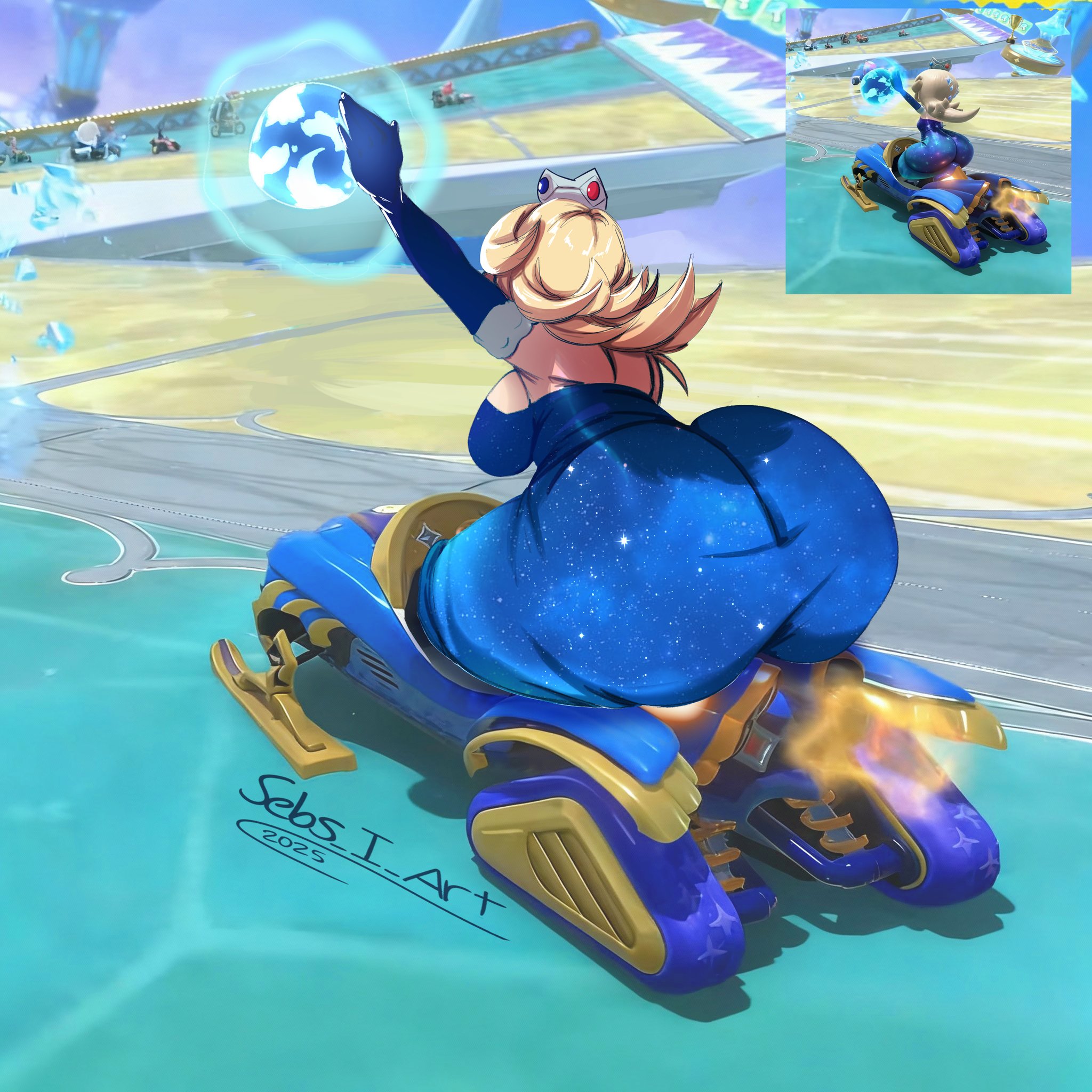 1girls, arm gloves, ass, ass focus, ass in dress, big ass, blonde, blonde female, blonde hair, blonde hair female, blonde-haired female, blue arm gloves, blue dress, blue gloves, bottom heavy, bottom heavy female, bowser, breasts, bubble butt, car, cheep cheep, clothing, dress, driving, facing away, facing away from viewer, fat ass, female, female ass, female ass focus, female focus, female only, gloves, huge ass, king boo, koopa, large ass, mario (series), mario kart, mario kart world, massive ass, nintendo, princess rosalina, princess rosalina (aurora), racetrack, rear view, reference image, sebs i art, solo, solo female, solo focus, thick ass, thick thighs, thunder thighs, vehicle, video game character, video games, wide hips