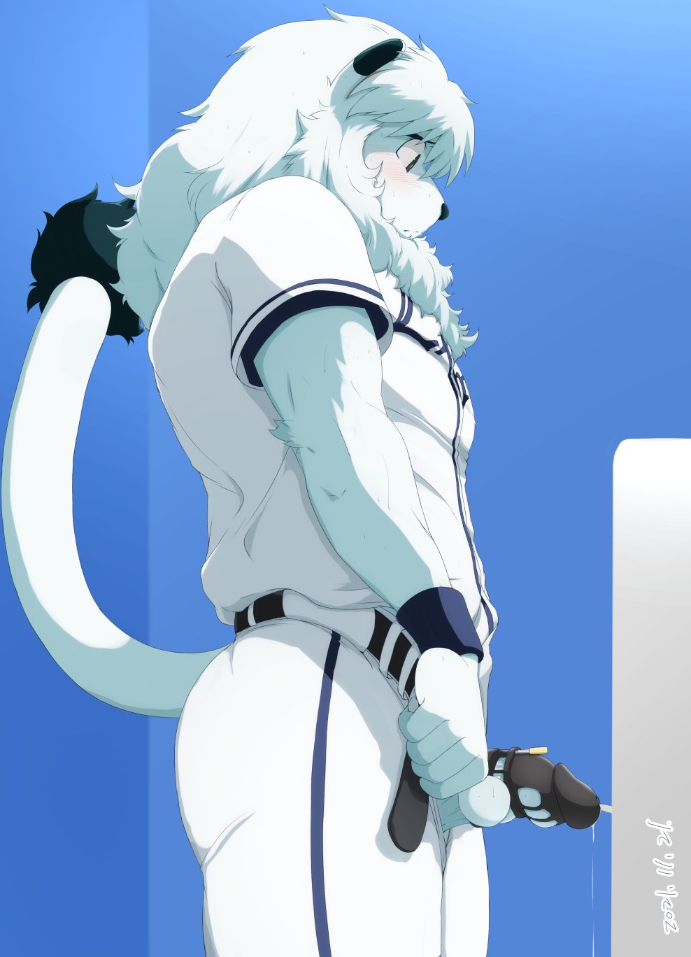 2021 anthro balls baseball_uniform belt black_eyes black_nose black_tail blush bodily_fluids bottomwear chastity_cage chastity_device chirasgi clothed clothing dated elbow_tuft felid fur fur_tuft genital_fluids genitals hair hi_res leo_(saitama_seibu_lions) lion looking_down male_only mammal mane mane_hair mascot multicolored_body multicolored_fur nippon_professional_baseball pantherine pants partially_clothed peeing penis saitama_seibu_lions shirt side_view sportswear tail_tuft topwear tuft two_tone_body two_tone_fur two_tone_tail uniform urinal urine white_body white_bottomwear white_clothing white_fur white_hair white_mane white_pants white_shirt white_tail white_topwear