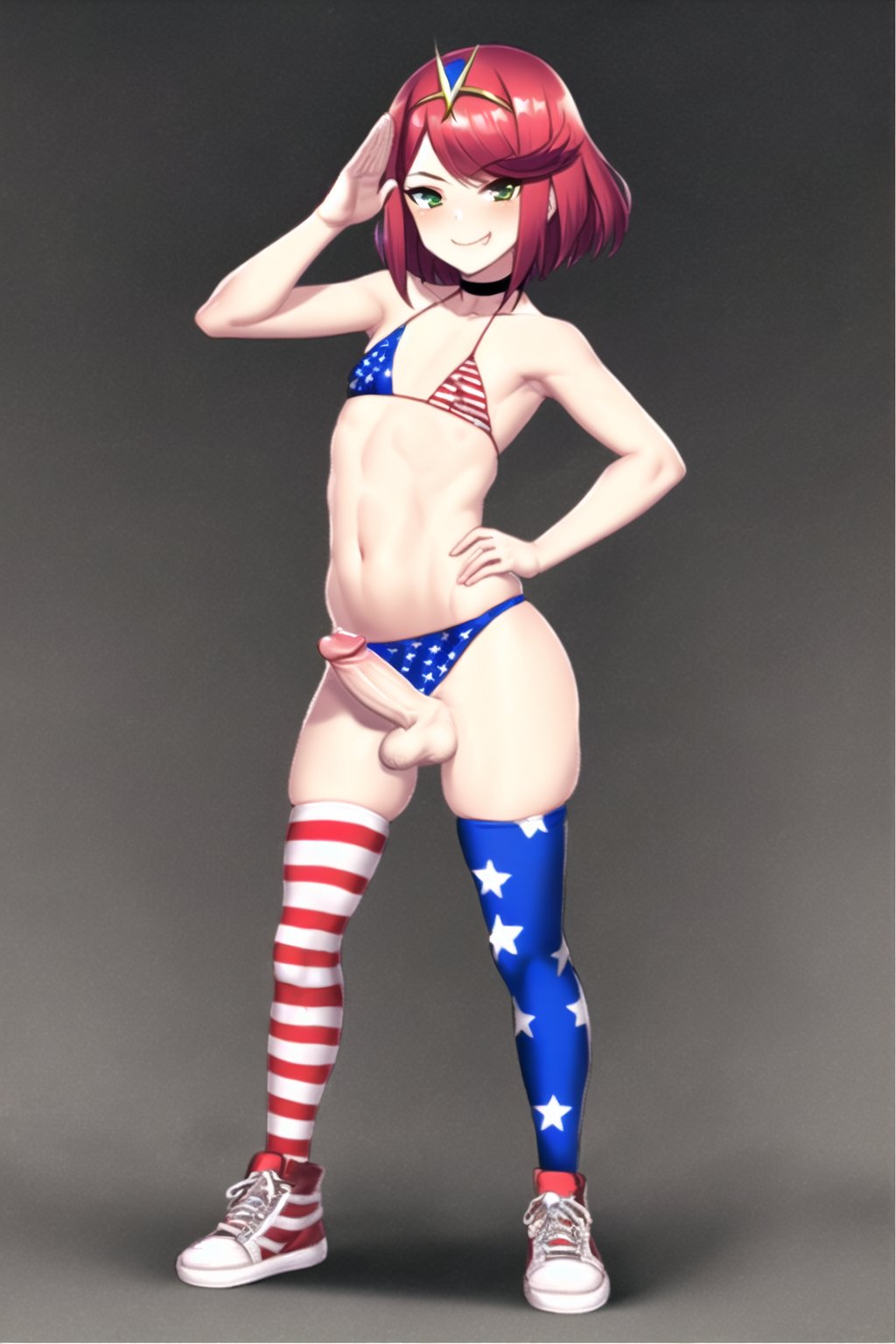 1boy 1femboy ai_generated american_flag american_flag_bikini american_flag_legwear androgynous choker erection femboy feminine_male from_below full_body genderswap_(ftm) girly hair_ornament hand_behind_head looking_down male_only nervous_smile otoko_no_ko partially_submerged penis pyra robofun rule_63 salute sissy sneakers splashing stable_diffusion swimsuit swimwear tiara trap twink water xenoblade_(series) xenoblade_chronicles_2