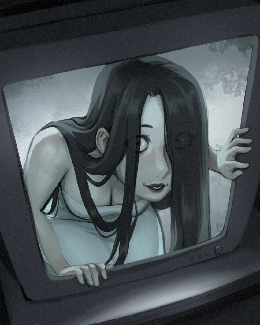 1girls, crawling, demon girl, eyes visible through hair, ghost girl, pale skin, telepurte, the ring, yamamura sadako