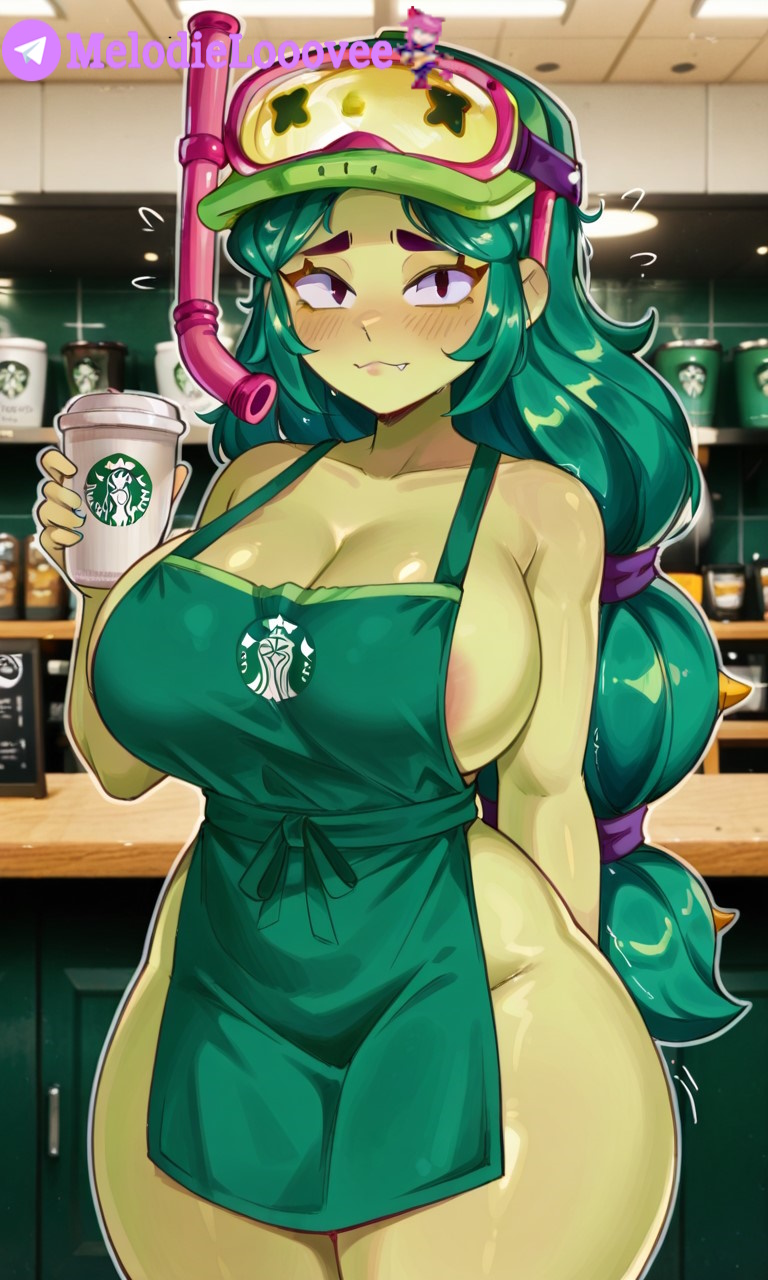 ai generated, alli (brawl stars), brawl stars, green hair, green skin, melodielooovee, naked, telegram