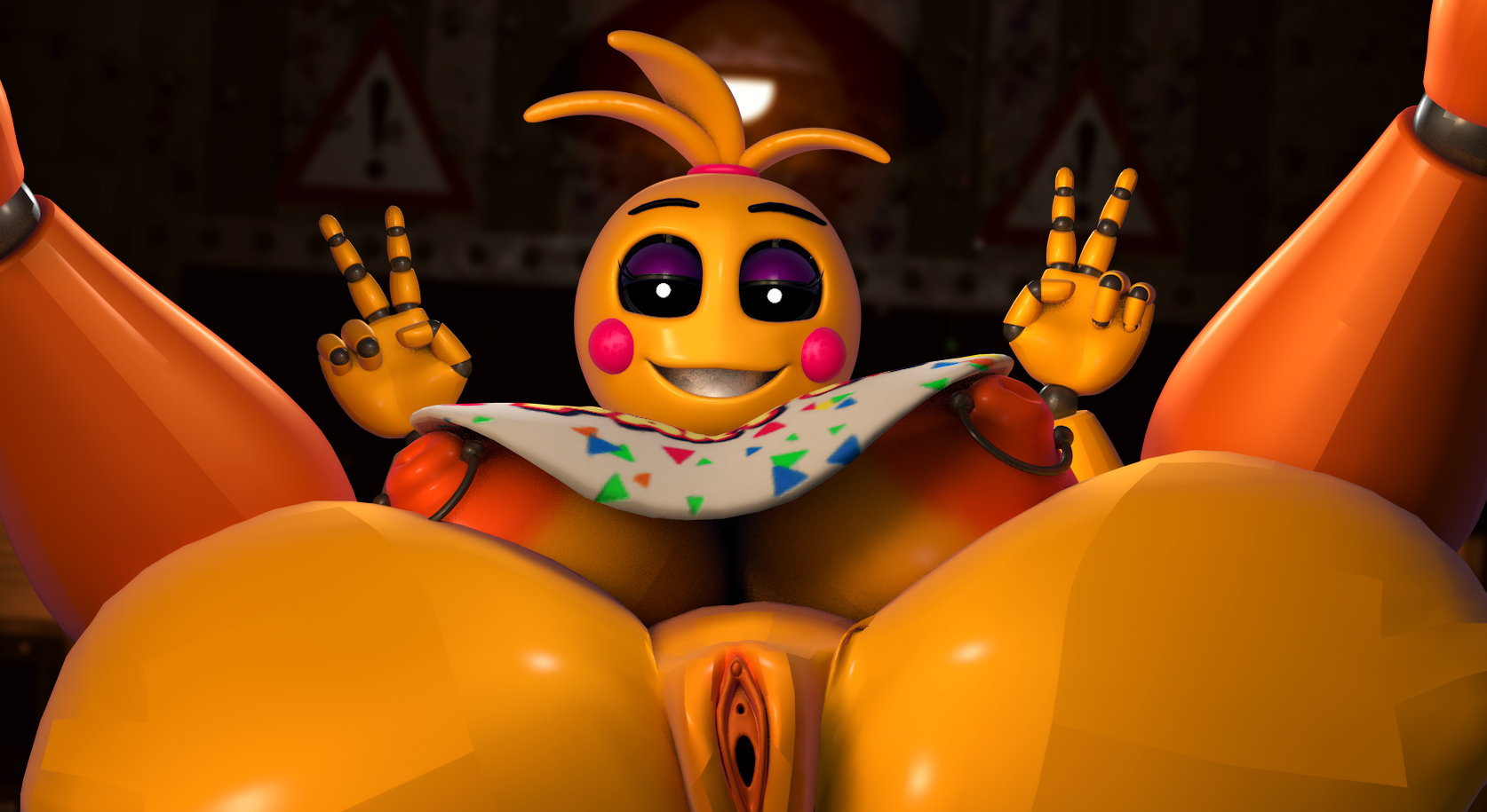 3d, bib, black eyes, breasts, c4d max, clitoris, female, five nights at freddy's, five nights at freddy's 2, huge breasts, huge toy chica, nipples, peace sign, pierced nipples, piercing, pink cheeks, pussy, sharp teeth, solo, thighs, tied hair, toy chica (fnaf), toy chica (love taste), yellow body