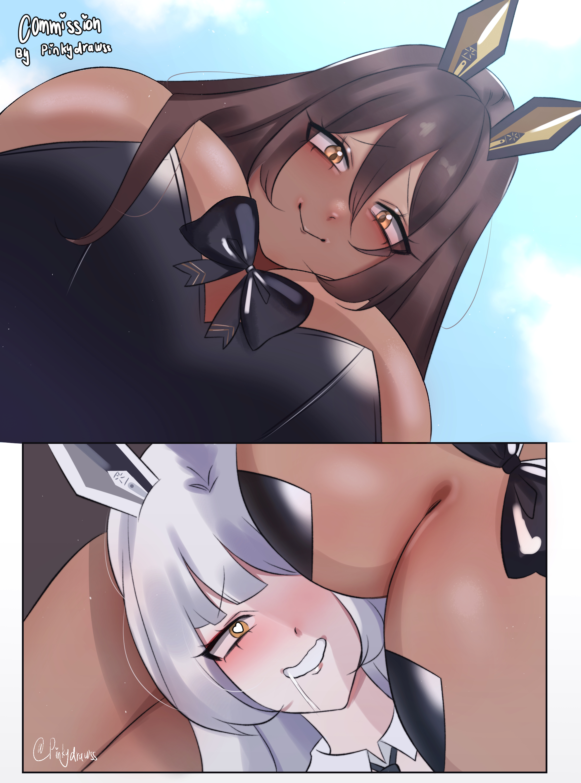 blanc (nikke), brown hair, bunny ears, bunny girl, bunnysuit, commentary request, commission, goddess of victory: nikke, golden eyes, heart-shaped pupils, meme, meme reference, nikke, noir (nikke), pinkydrawss, tan body, tan skin, white hair