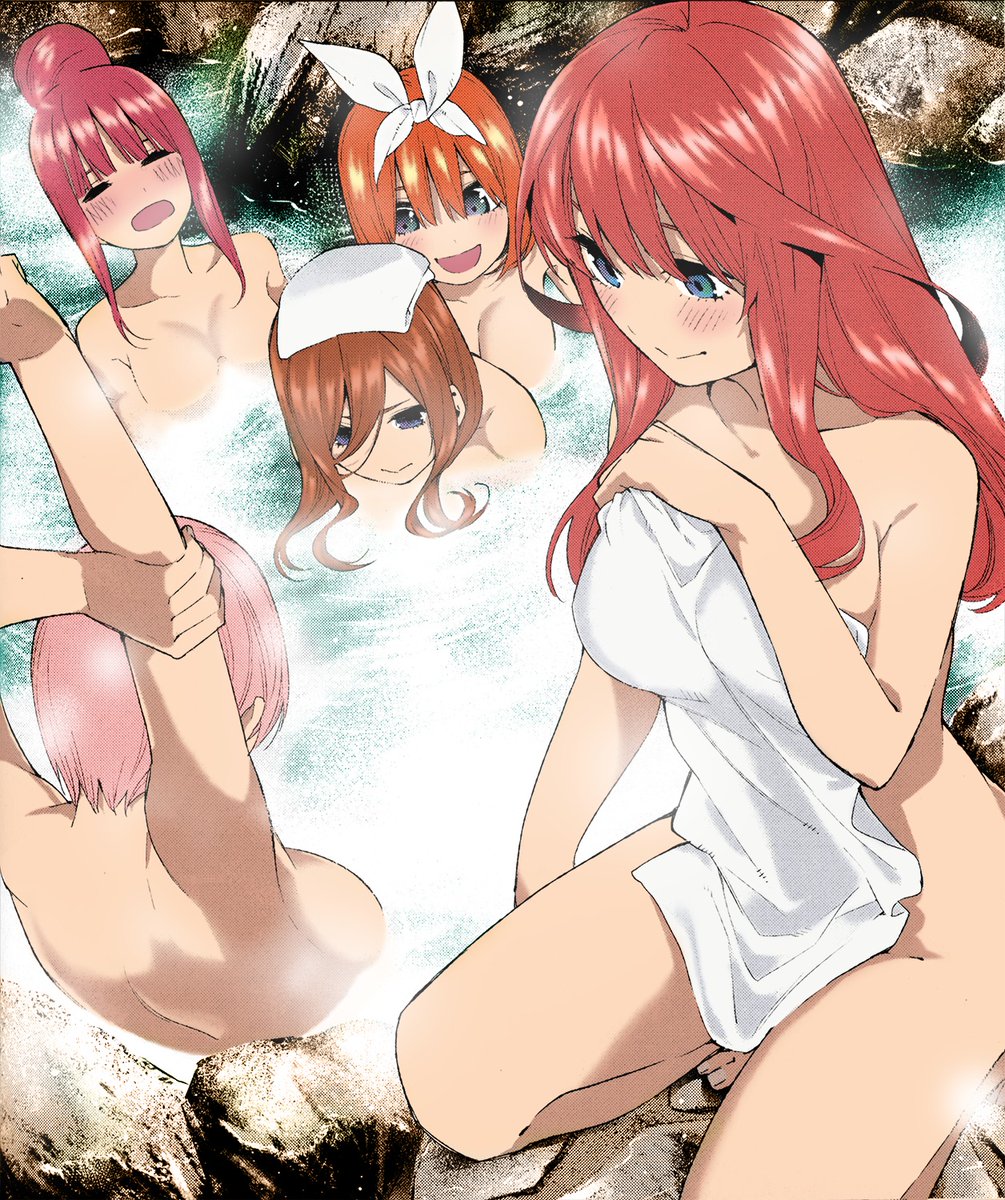 5girls, bathing, big breasts, blue eyes, blush, breasts, brown hair, colorized, convenient censoring, embarrassed, female, female only, go-toubun no hanayome, hair bun, hot spring, large breasts, multiple females, multiple girls, nakano ichika, nakano itsuki, nakano miku, nakano nino, nakano yotsuba, naked towel, nude, official art, onsen, open mouth, orange hair, partially submerged, pink hair, quintuplets, red hair, sisters, steam, steam censor, towel