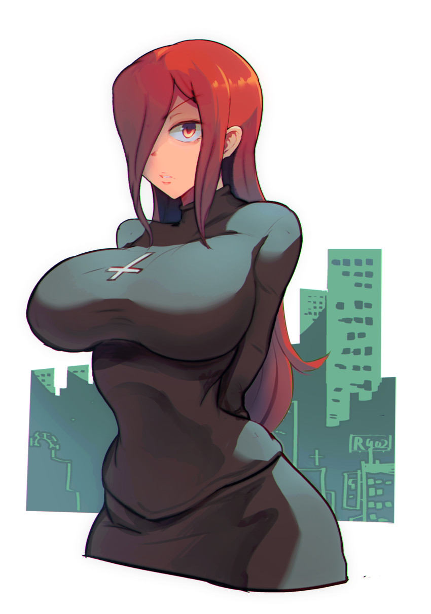 1girls, big breasts, breasts, female, hair over one eye, large breasts, long hair, parasoul, red hair, ryu2, skullgirls, solo, solo female, white background, white skin, yellow eyes