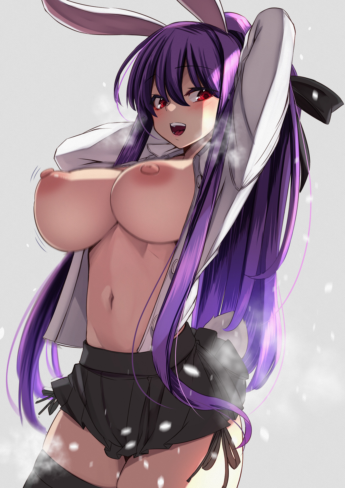 animal ears, black legwear, black skirt, blush, breasts, buttons, collared shirt, cowboy shot, eyebrows visible through hair, female, grey background, hair between eyes, highres, large breasts, long hair, long sleeves, motion lines, navel, nipples, open clothes, open mouth, open shirt, pleated skirt, purple hair, rabbit ears, rabbit tail, red eyes, reisen udongein inaba, shirt, simple background, skirt, solo, speech bubble, tail, teeth, thighhighs, touhou, upper teeth, white shirt, yukito (dreamrider)