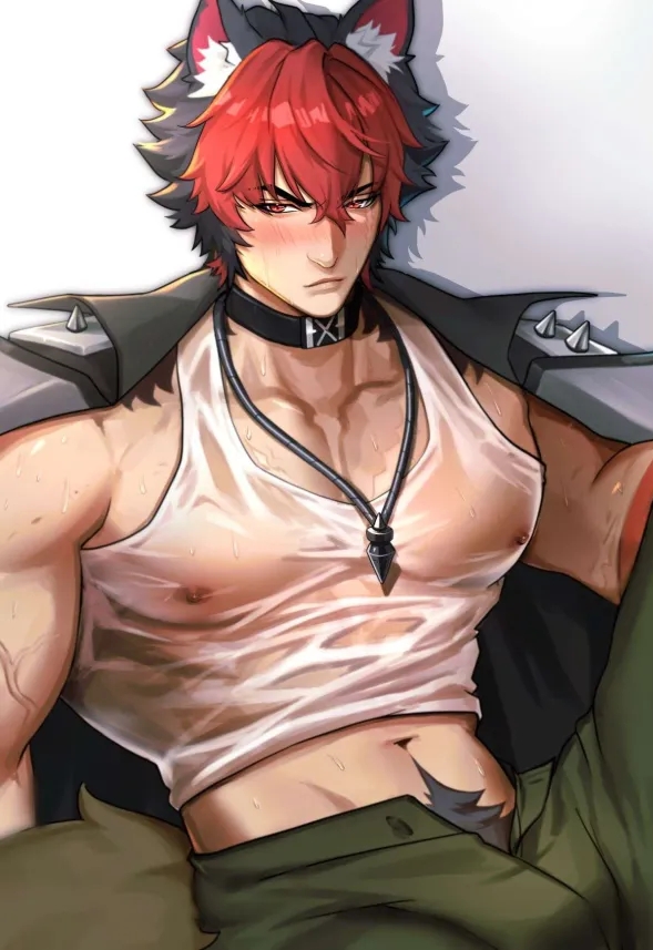 aroused, aroused face, black hair, blush, blush lines, bulge, choker, dog ears, dog tail, flaccid, gay, happy trail, jacket, komano manato, looking at viewer, male, male focus, male only, muscular, muscular male, necklace, nipples, pubes, pubic hair, red eyes, red hair, see-through, see-through clothes, see-through clothing, see-through shirt, simple background, solo, solo focus, solo male, sweat, sweatdrop, sweating, sweaty, sweaty body, tail, tank top, wet, wet body, wet clothes, wet skin, white background, yaoi, zenless zone zero