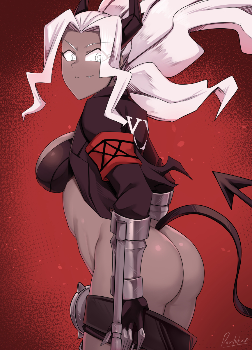 1girls, ass, clothed, dark skin, dark-skinned female, devilukez, female, female only, helltaker, horns, judgement (helltaker), tail, white hair