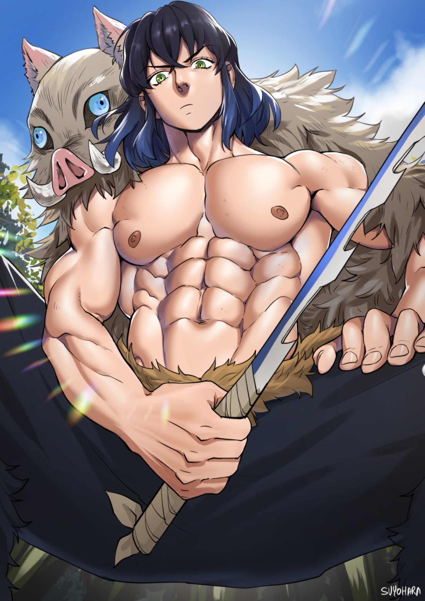abs, bara, black hair, demon slayer, fur trim, gradient hair, green eyes, inosuke hashibira, katana, kimetsu no yaiba, looking at viewer, low-angle view, male, male only, mask removed, medium hair, muscular, muscular male, outdoors, solo, spread legs, suyohara, sword, topless, topless male, two-tone hair, yaoi