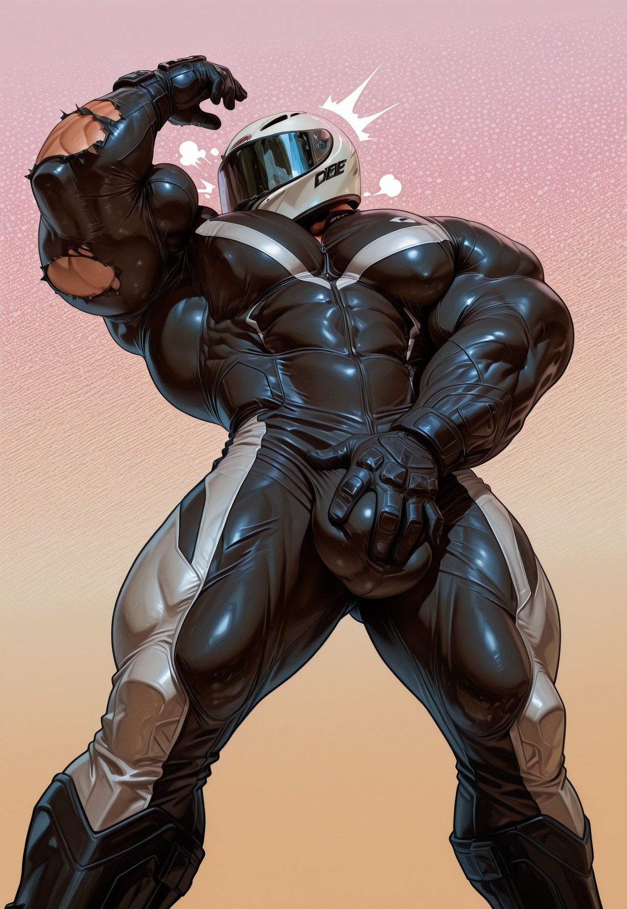 1boy, abs, ai generated, biceps, big biceps, big bulge, big muscles, bodysuit, bulge, bulge grab, flexing, flexing bicep, gloves, gradient background, grope, groping, groping self, groping through clothes, growth, helmet, human, humanoid, male, male only, mask, masked, masked male, motorcycle helmet, motorcycle suit, muscle growth, muscular, muscular arms, muscular male, muscular thighs, pecs, racing suit, simple background, skin tight, solo, suprised, tearing clothes, visible breath