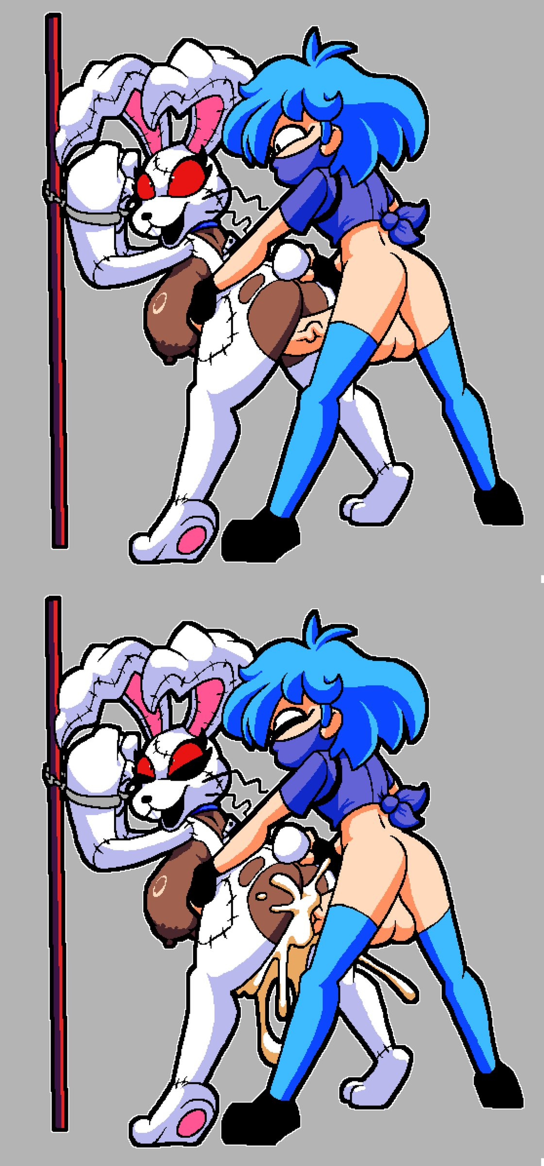 1futa, 1girls, ahe gao, ahegao, ahegao face, algob4v, bav, big breasts, blue hair, breasts, breasts out, cum, cum in pussy, cum inside, cum overflow, cum overflowing, dark skin, dark-skinned female, female, five nights at freddy's, five nights at freddy's: security breach, five nights at frickbears, five nights at frickbears 3, futa on female, futadom, futanari, handcuffed, handcuffs, light skin, light-skinned futa, massive breasts, oc, original character, rabbit, rabbit ears, rabbit girl, rabbit tail, ripped clothing, vannabelle (frickbears 3), vanny, vanny (fnaf), vanny (frickbears), veiny penis